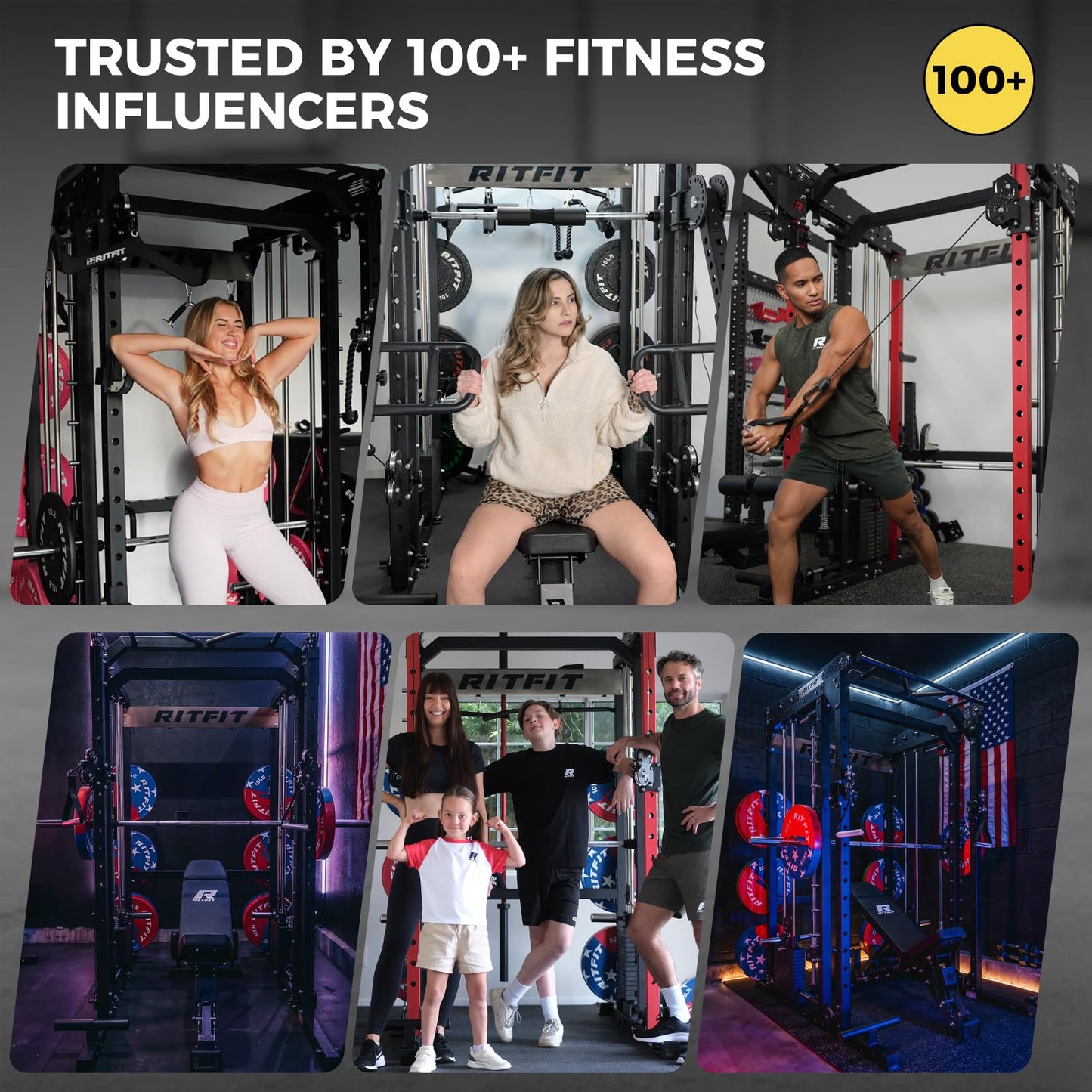 RitFit M2 Smith Machine with Cable Crossover System, 3D Functional Trainer & Power Cage, 16 Adjustment Holes, 6 Storage Pegs for Full-Body Home Gym(M2 PRO-3D Red with BP340)