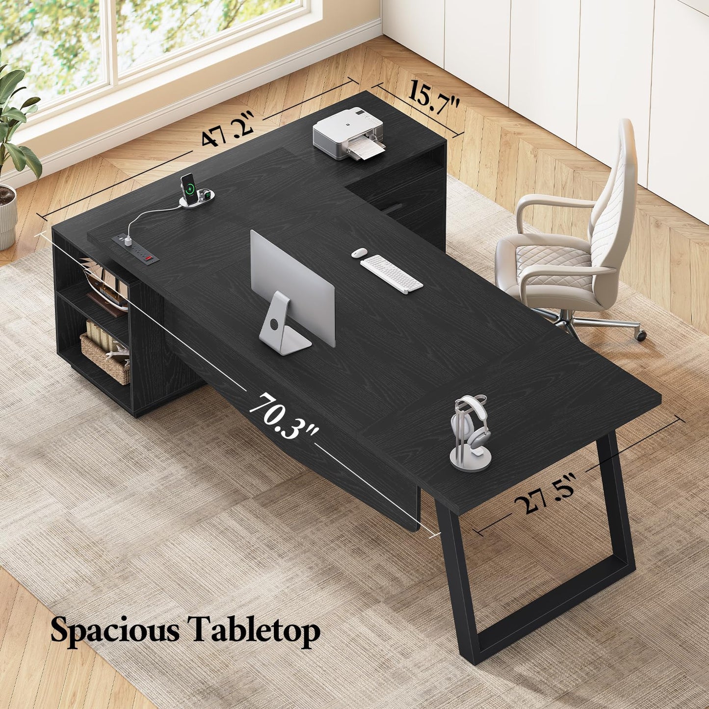 70.3 in L Shaped Executive Desk with Power Outlets, Large Home Office Desk with Storage Drawers & File Cabinet, Modern Computer Desk with Shelves, Black Business Furniture, Square Metal Legs, Black