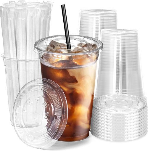 Fit Meal Prep 20 oz Plastic Iced Coffee Cups - 100 Pack, BPA-Free with Flat Lids & Straws | Perfect for Parties & Cold Drinks