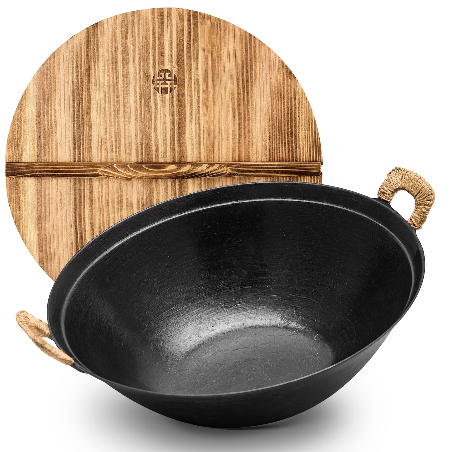 WANGYUANJI Cast Iron Wok Pan 14.9 inch Large SUGUO Wok Stir Fry Pan Flat Bottom with Dual Handle and Wooden Lid, Suitable for All Cooktops, Uncoated Chinese Traditional Wok