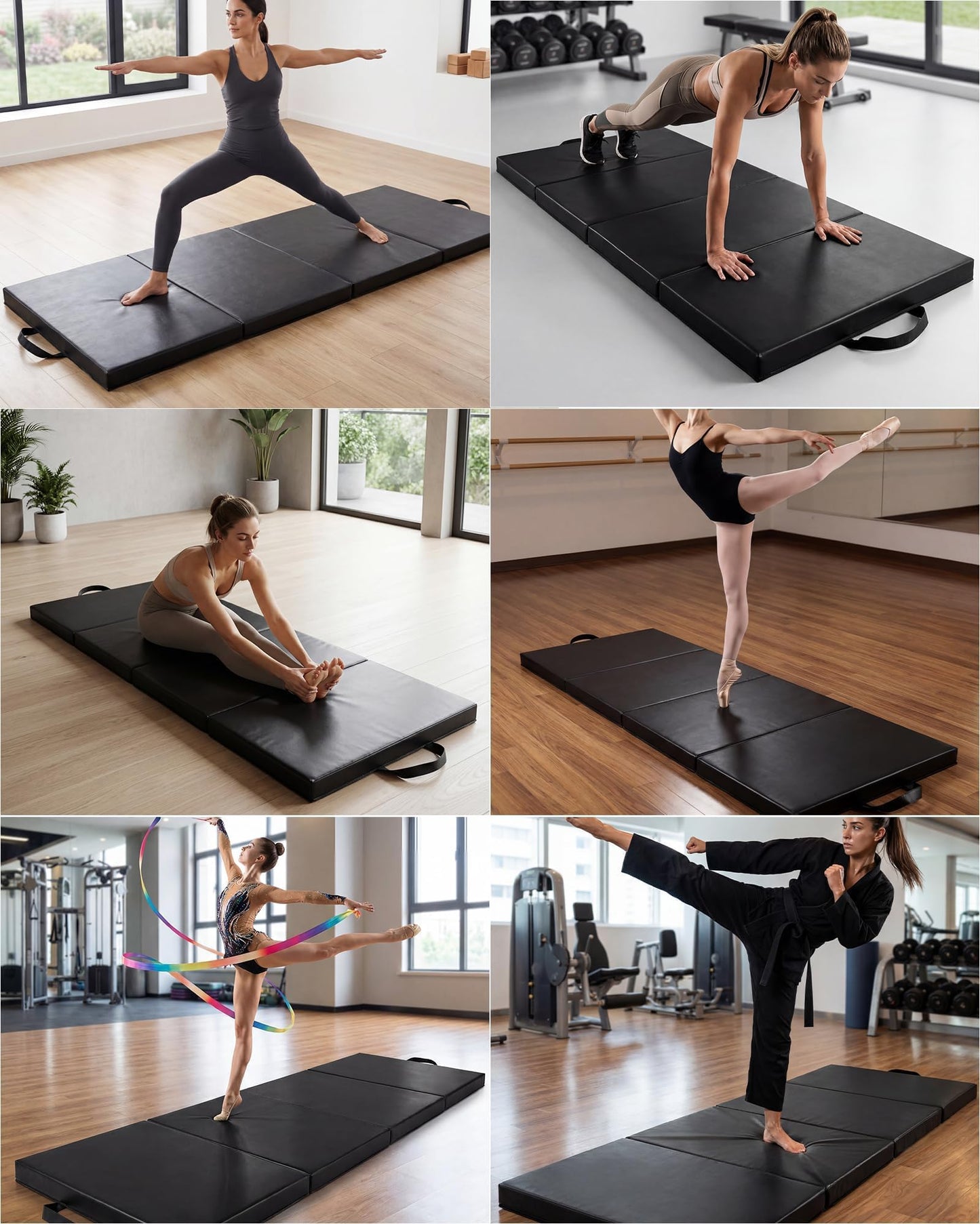 6x2 ft Portable Four-Fold Gymnastics Mat, 2 Inch Thick Tumbling & Exercise Pad, Folding Floor Mat for Home Workouts, Yoga, Pilates, Aerobics and Martial Arts Training, Black