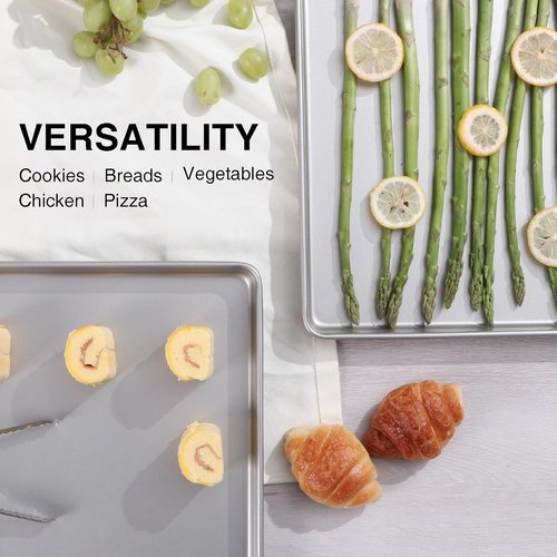 HONGBAKE Half Baking Sheet Pan Set - Nonstick Heavy-Duty Cookie Trays | Dishwasher Safe, Silver, 2-Pack