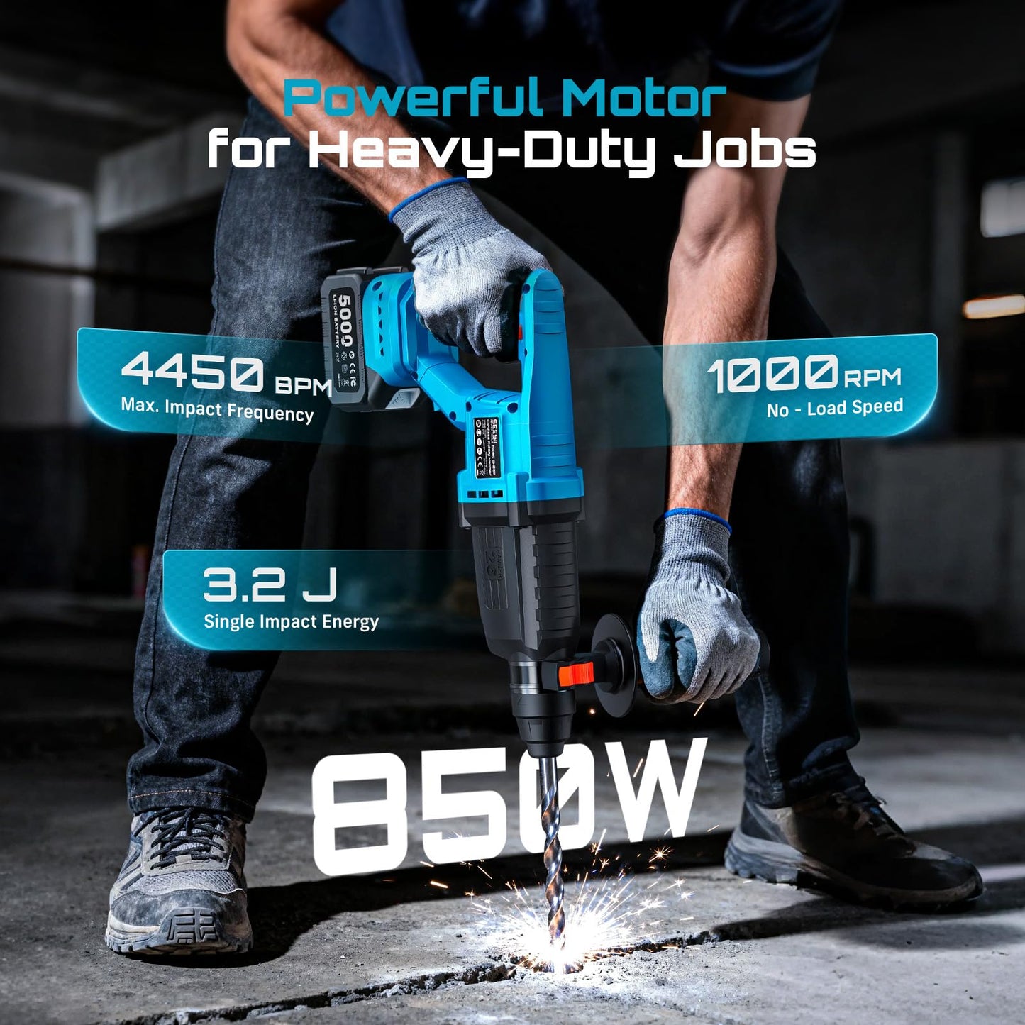 Seesii 1" Cordless SDS-Plus Rotary Hammer Drill with 2x5.0Ah Batteries, 3.2J Impact Energy Brushless Motor, 4-Mode with Kickback protection, Chisels, Drill Bits for Concrete Drilling & Home Renovation