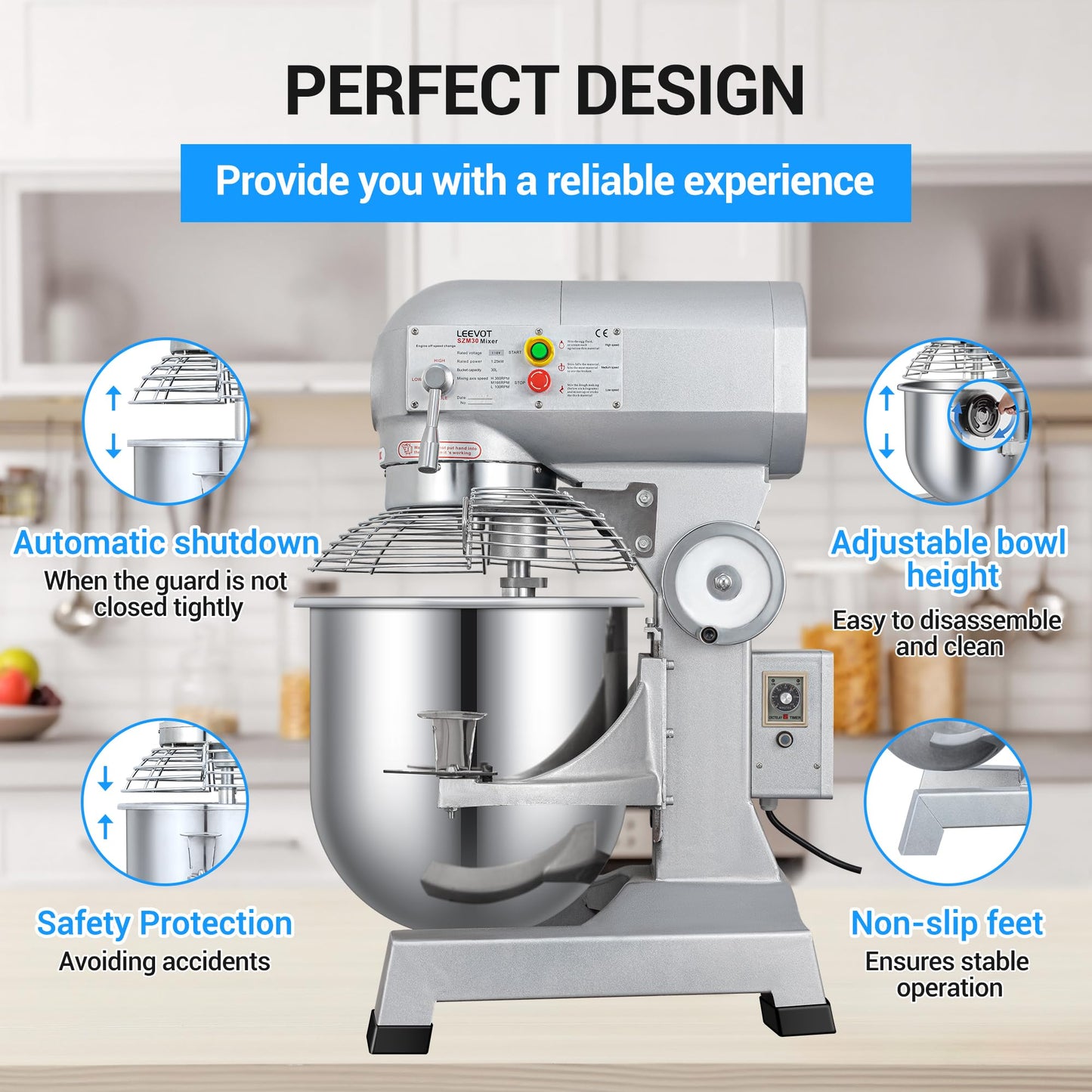 LEEVOT 30 Qt 1250W Commercial Food Mixer, Commercial mixer 3 Speeds Adjustable Heavy Duty Stand Mixer with Stainless Steel Bowl for Bakery Pizzeria.