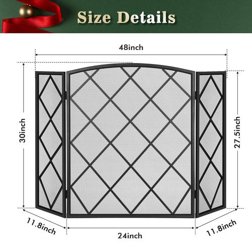 FEED GARDEN 3 Panel Fireplace Screen 48" W x 29" H Modern Foldable with Wrought Metal Decorative Mesh, Black
