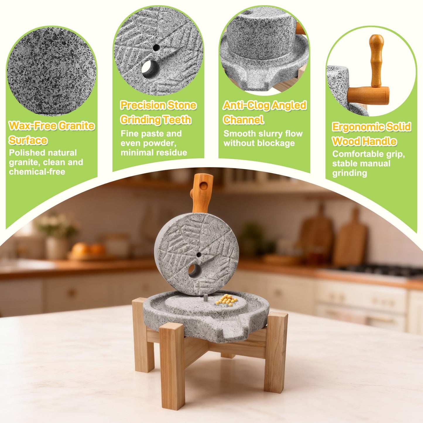 Natural Stone Grain Mill, Manual Granite stone grinder with Wooden Base & Heavy-Duty Handle, Stone Mill for Flour for Grain & Spice Grinding, stone flour mill grinder for Home Kitchen