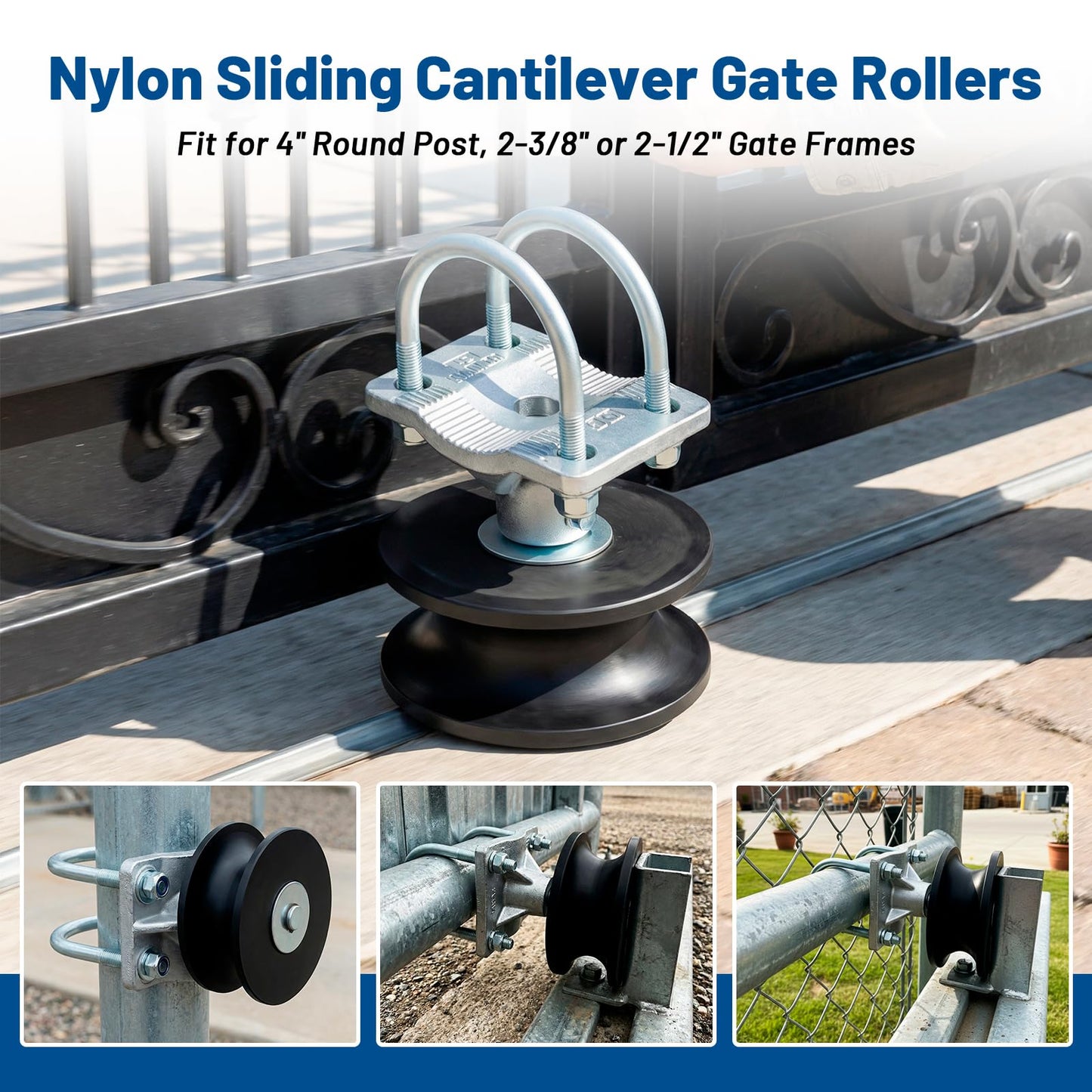 Cantilever Gate Rollers, Nylon Sliding Gate Rollers for 4" Round Post, 2-3/8" or 2-1/2" Chain Link Fence Gate Frames, Sliding Gate Hardware Kit, 1 Pack