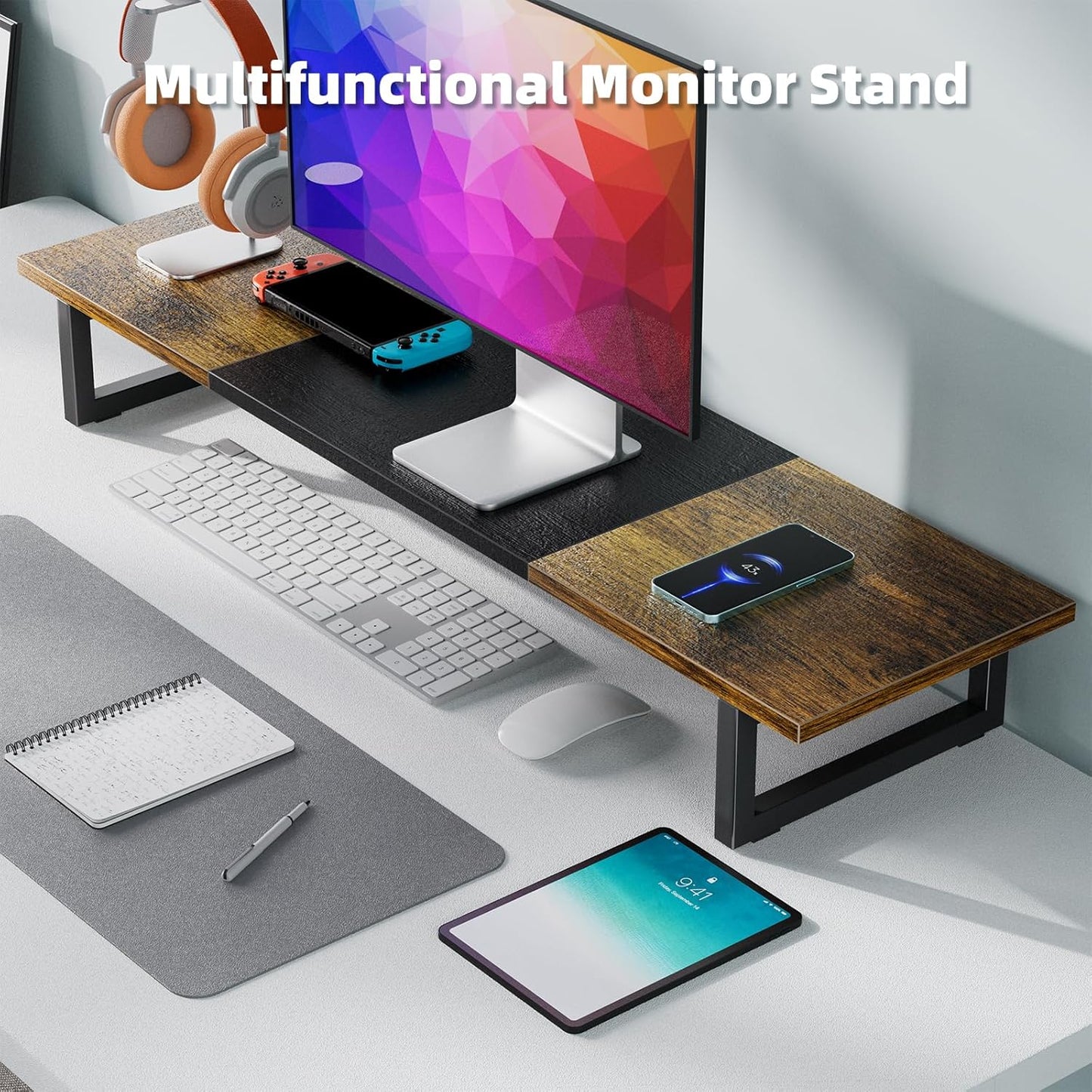 2 Simple Trending Desk Organizers and Accessories, Dual Monitor Stand Riser, Desk Shelf Wood Computer Rack for Monitors