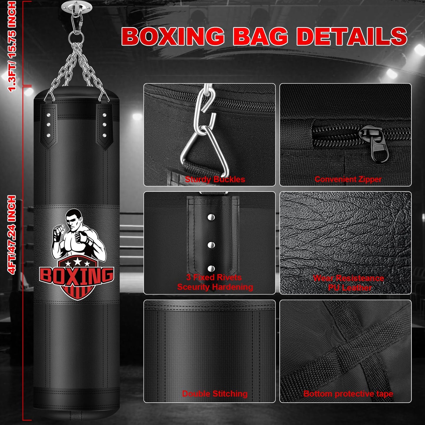 Punching Bag for Adults, 4FT Oxford Heavy Boxing Bag with Chains and Hand Wraps, Boxing Equipment for MMA Karate Kickboxing, Unfilled