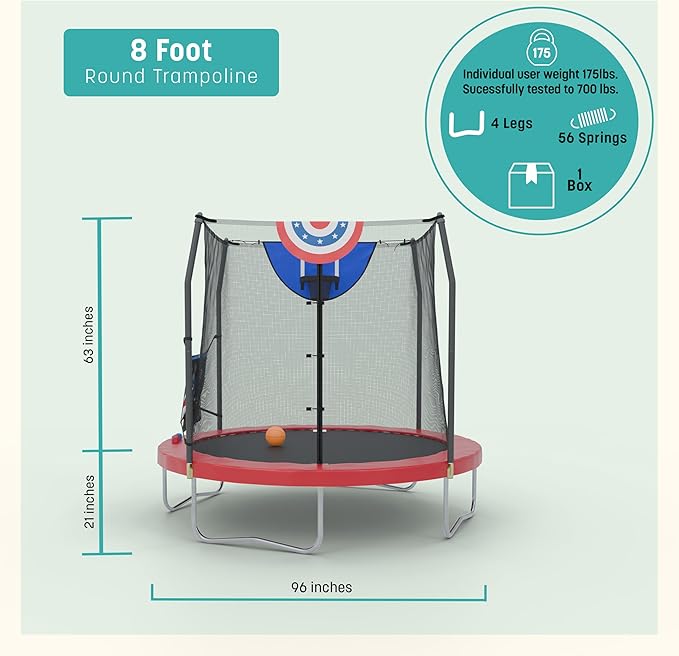 Skywalker Trampoline Outdoor 8 FT, 12 FT, 15 FT Jump N’ Dunk Round Outdoor Trampoline with Net, Trampoline Mat, and Basketball Hoop for Trampoline