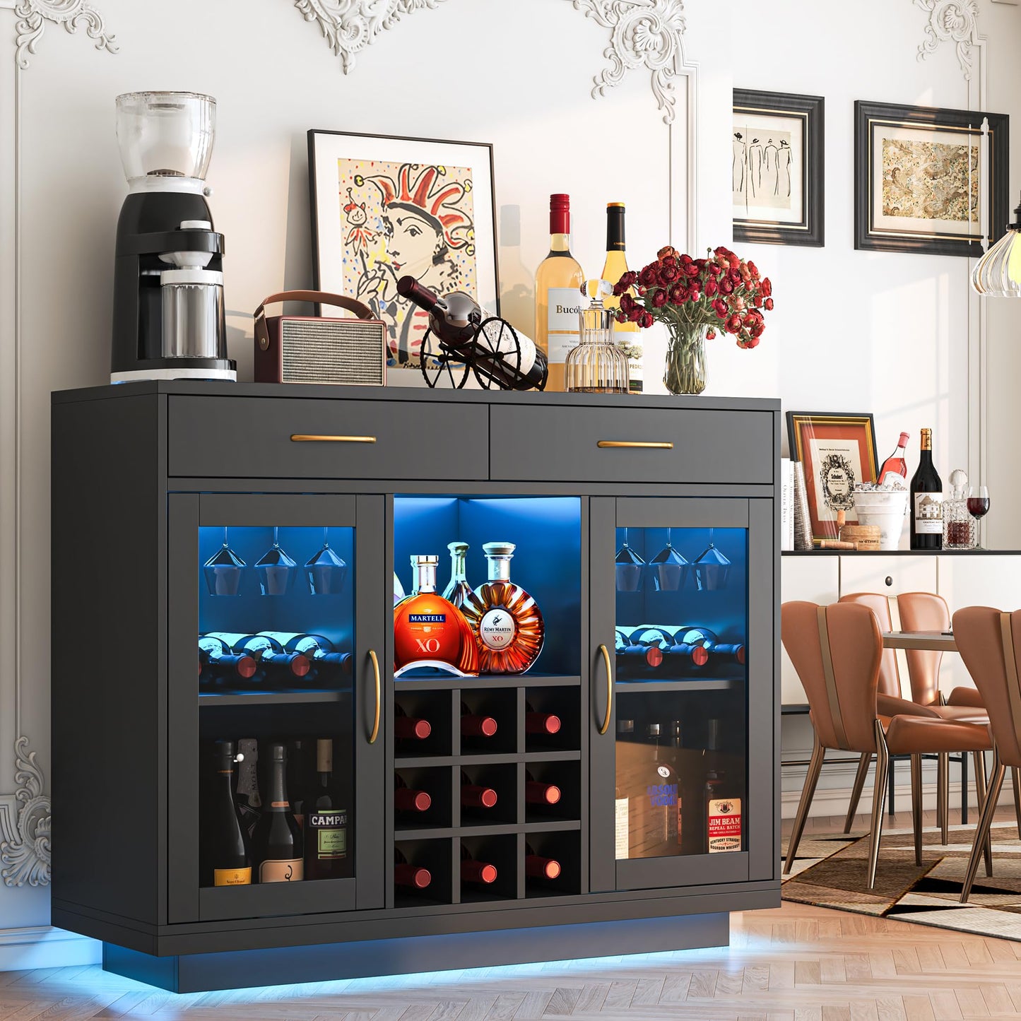 knoworld Wine Bar Cabinet with LED Lights, Coffee Bar Cabinet with Wine and Glass Rack, Black Bar Cabinet Liquor Cabinet, Kitchen Buffet Sideboard with Storage for Living Room, Dining Room