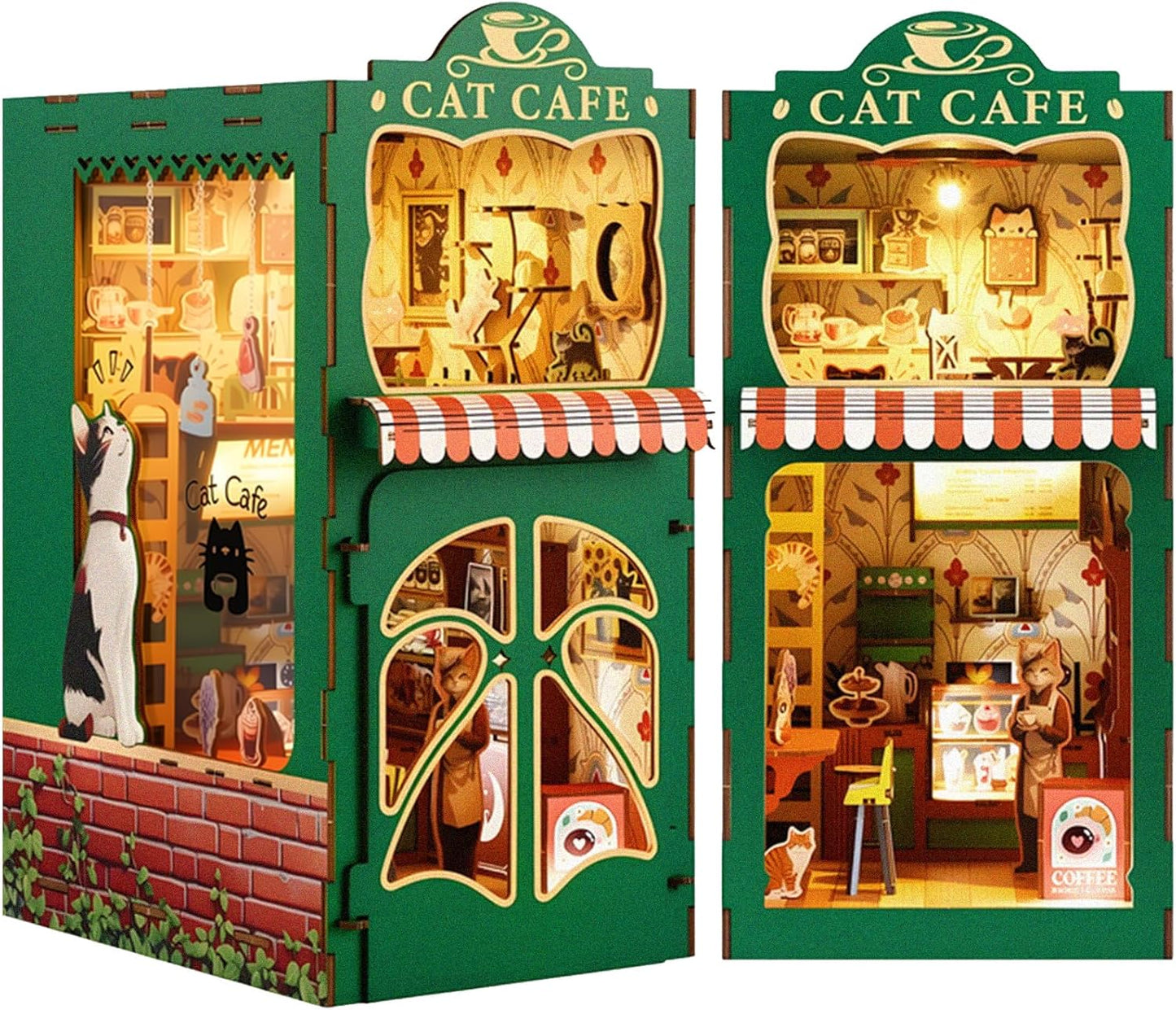 Skiennix Book Nook Kit - DIY Miniature Cat Cafe House for Adults & Teens | 3D Wooden Puzzle Decor