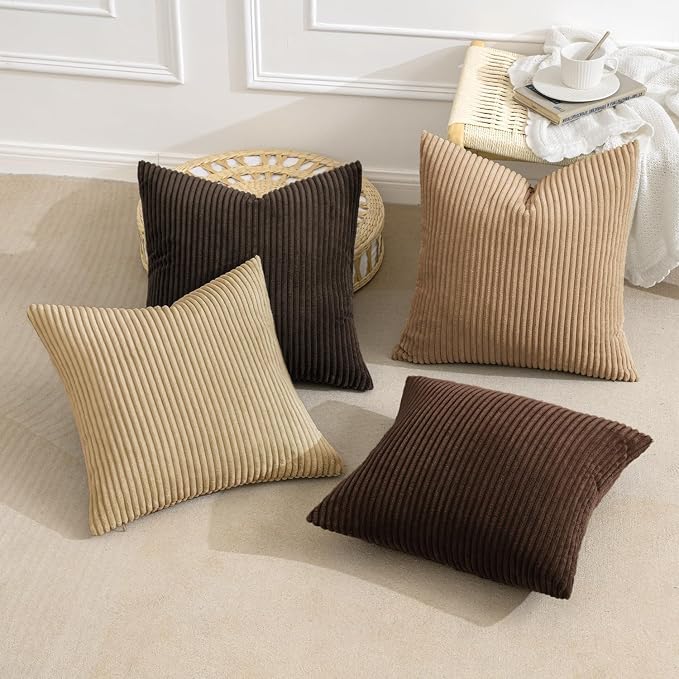 MIULEE Boho Farmhouse Throw Pillow Covers 20x20 Inch Set of 4 Rustic Mordern Neutral Cushion Covers Soft Corduroy Nordic Home Decor for Couch Bed Sofa Living Room Dark Brown