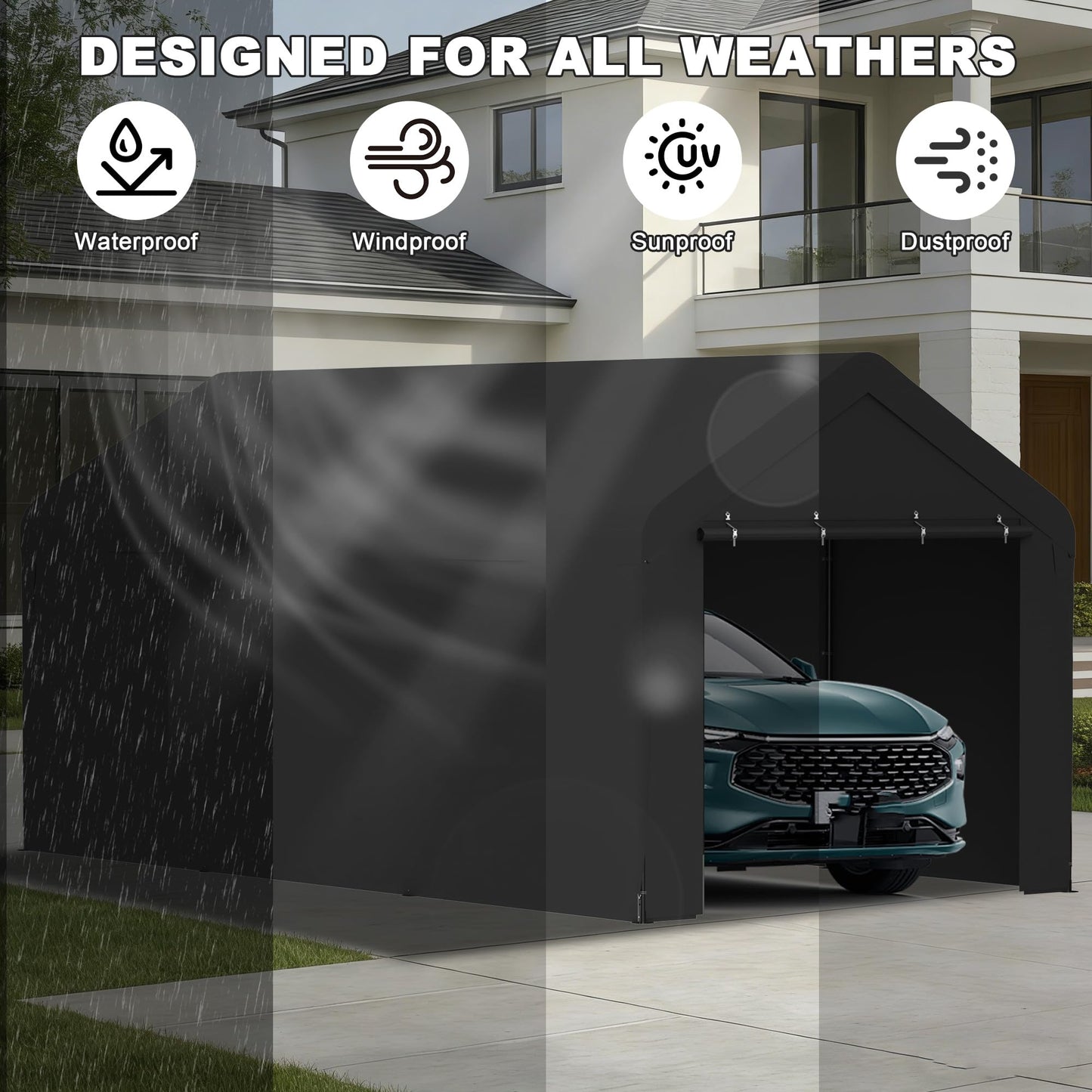 Carport 10 x 20 FT Heavy Duty, Portable Garage Canopy, Waterproof Car Canopy with Side-Opening Removable Door, Carport Canopy for Car, Truck, Boat, Equipment (Black)