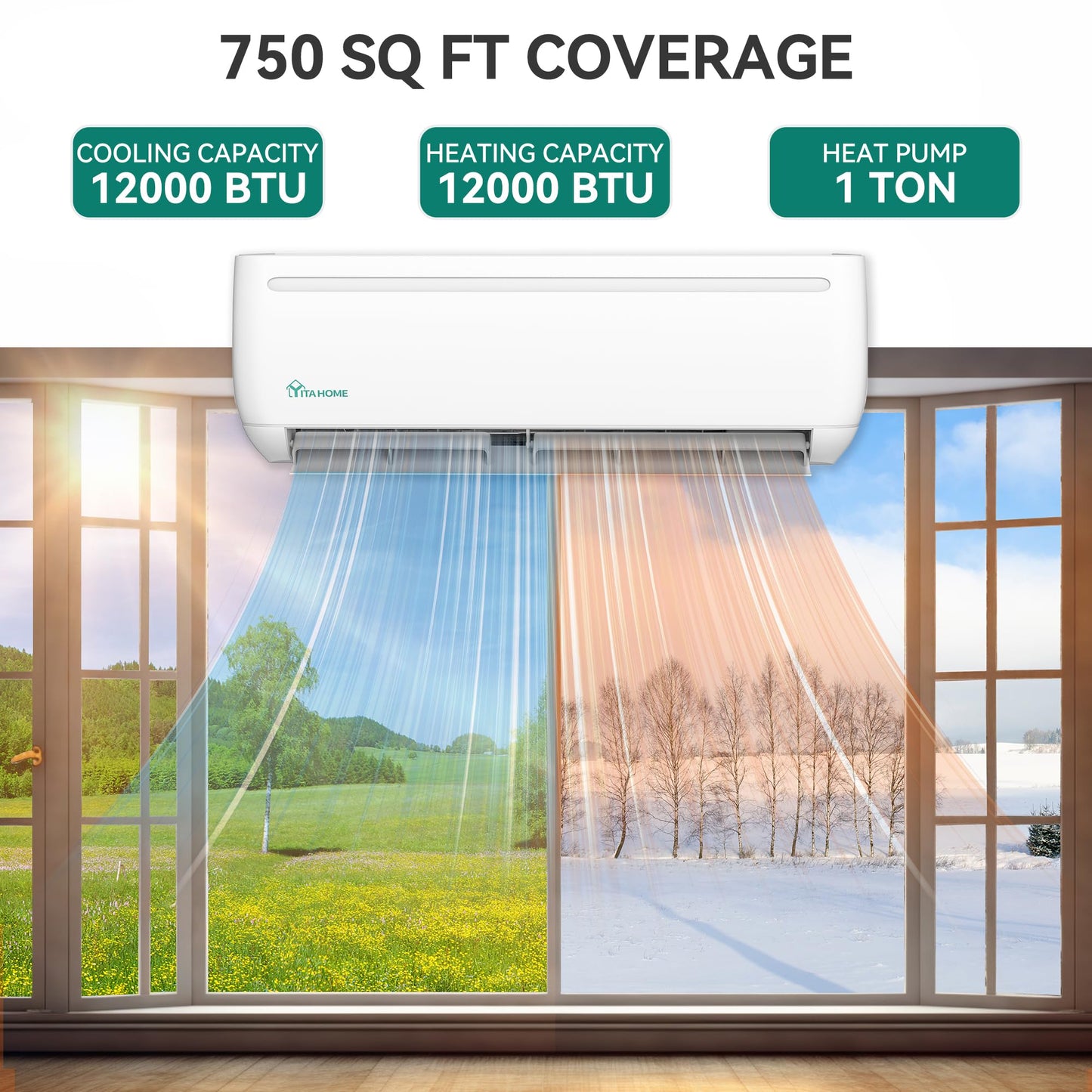YITAHOME 12000 BTU Mini Split Air Conditioner Heat Pump System, 20 SEER2 115V WiFi Enabled Inverter Ductless AC Cool Up to 750 Sq. Ft with Installation Kit, Pre-Charged Condenser, 1 Ton