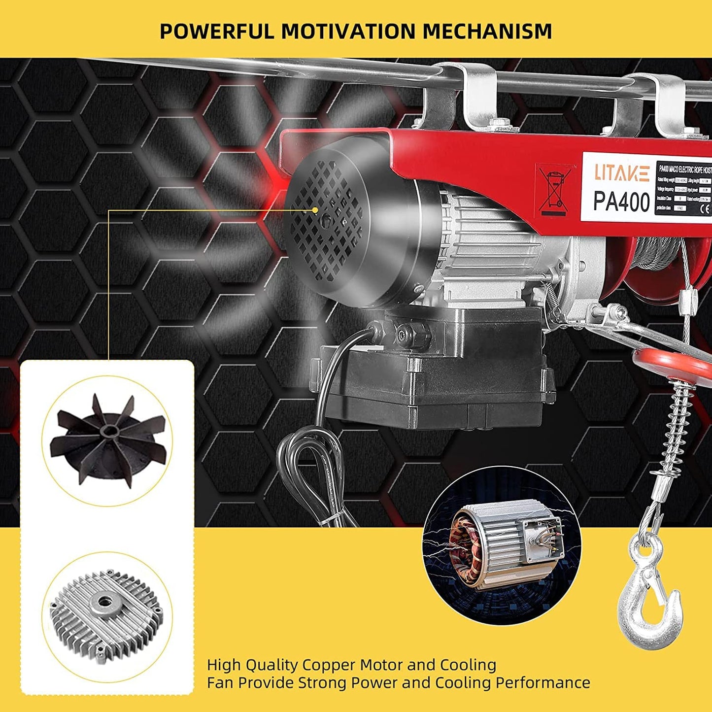 Electric Hoist 880LBS, Auto Lifting Electric Hoist, Wireless Remote Control Electric Cable Hoist with 12m Rope, 110V Electric Winch Crane Electric Hoist for Garage Ceiling Factory Warehouse