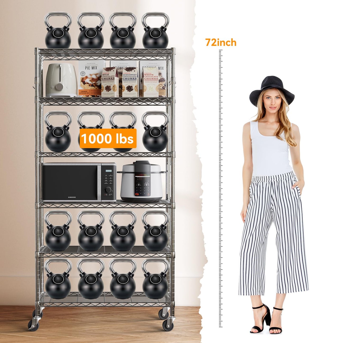 YNN Storage Shelves,6000Lbs 6 Tier Heavy Duty Metal Rolling Shelving Unit with Wheels & 8 Hooks, Adjustable Garage Wire Rack for Kitchen, Bathroom,Industrial,Pantry(36" W x 14" D x 72" H, Chrome)