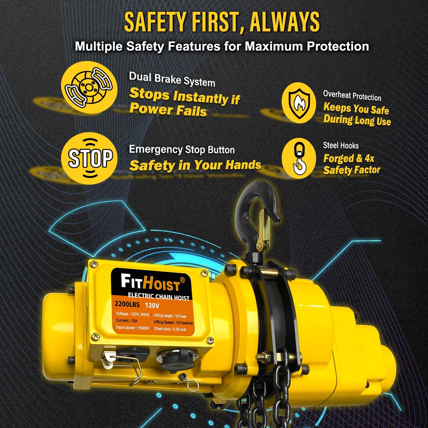 FITHOIST Electric Chain Hoist 1 Ton, 2200 lbs Capacity, 10 ft Lift Height, 1500W Motor, G80 Chain, 20 ft Wired Remote with Emergency Stop, 120V Hoist Lift for Garage, Workshop, Farm