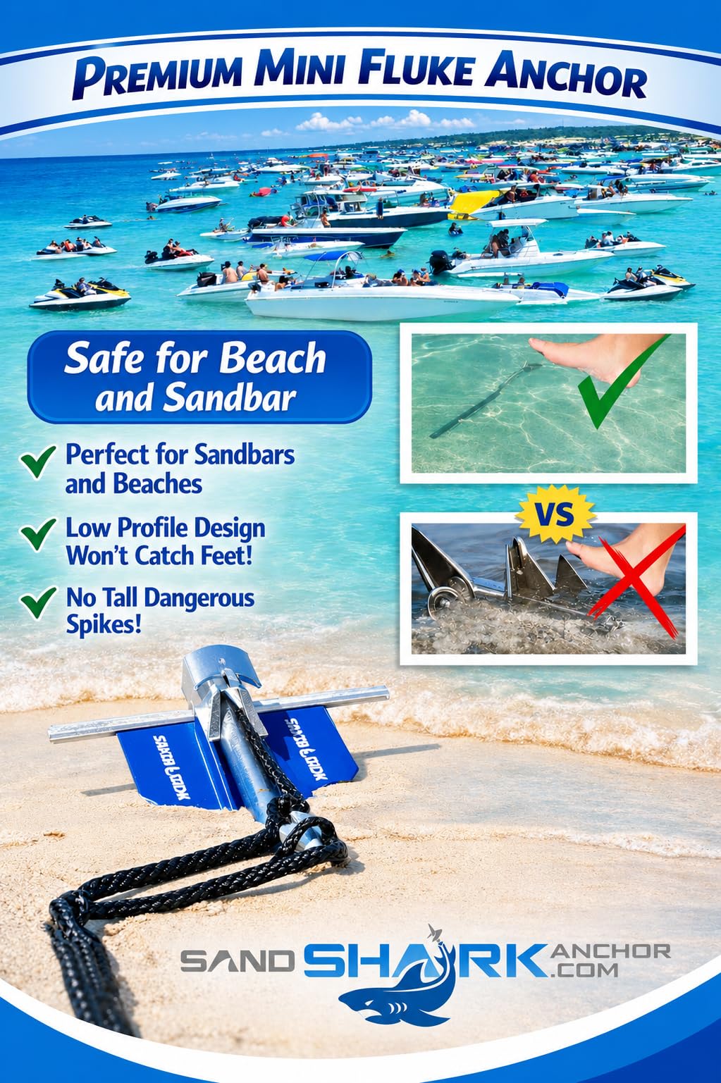 SandShark Premium Fluke Anchor-Retractable Shaft Easy Storage-Aluminum Pontoon Boat Anchor, Jet Ski Anchor. Boats<30 ft. Sand Anchor for Boat, Boat Anchor Kit, Lightweight. (Jet Ski Anchor)