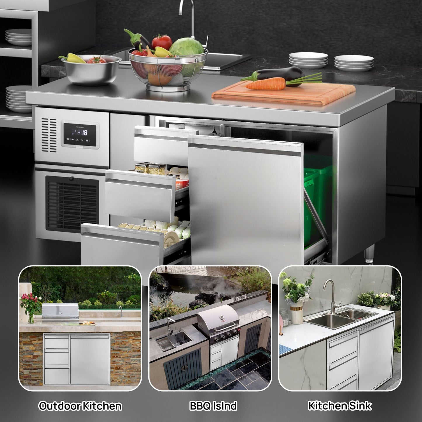 POPMOON Outdoor Kitchen Drawer Combo with Triple Drawers & Trash Bin Compartment | Includes 2X 20L Trash Cans | Outdoor Kitchen Access Drawers for Grill Station, 28" W x 22" H x 19" D