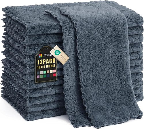 Homaxy Kitchen Dish Cloths - Super Soft & Absorbent Coral Velvet | 12 Pack, 10 x 10 Inches, Dark Grey