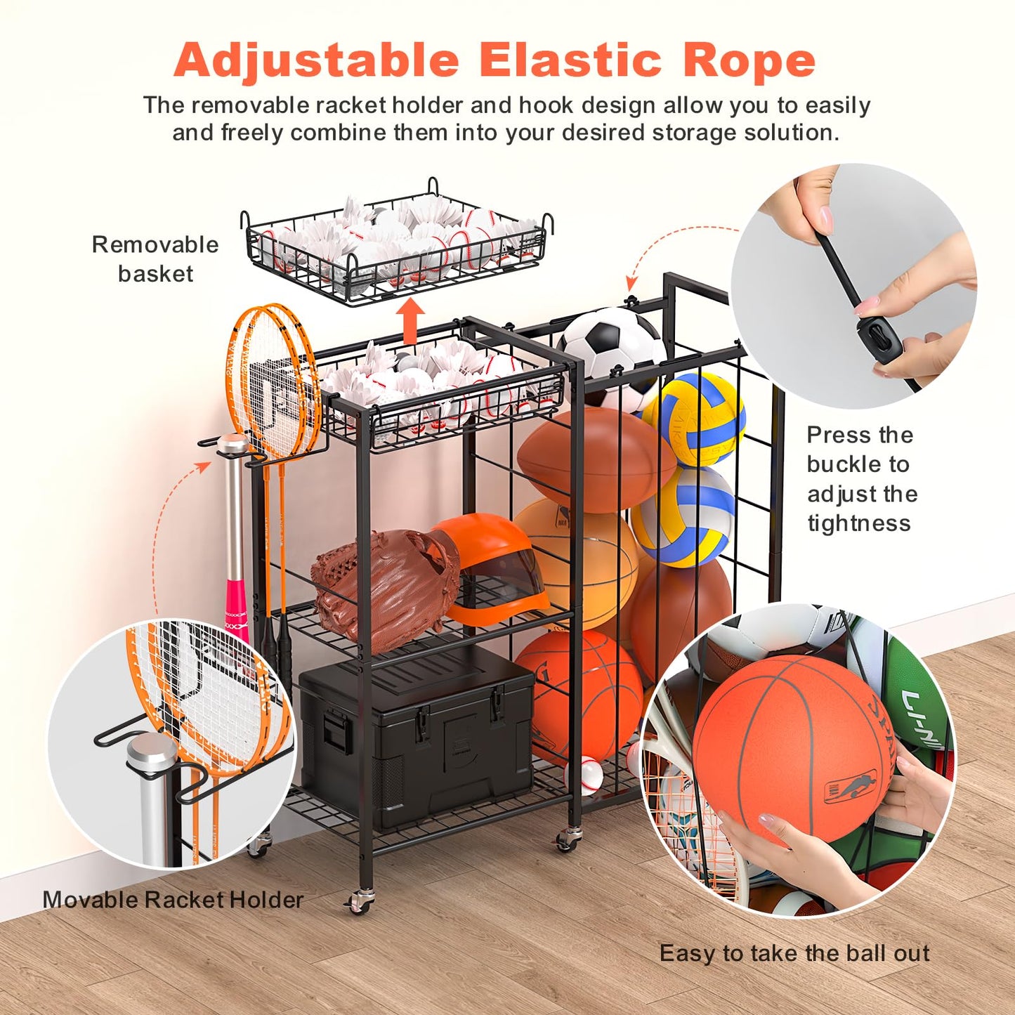 Multi-Functional Sports Equipment Organizer with Elastic Rope, Removable Basket & Racket Holders - Heavy-Duty Organizer for Balls, Tennis/Badminton Rackets - Ideal for Garage, Home Gym & Playroom