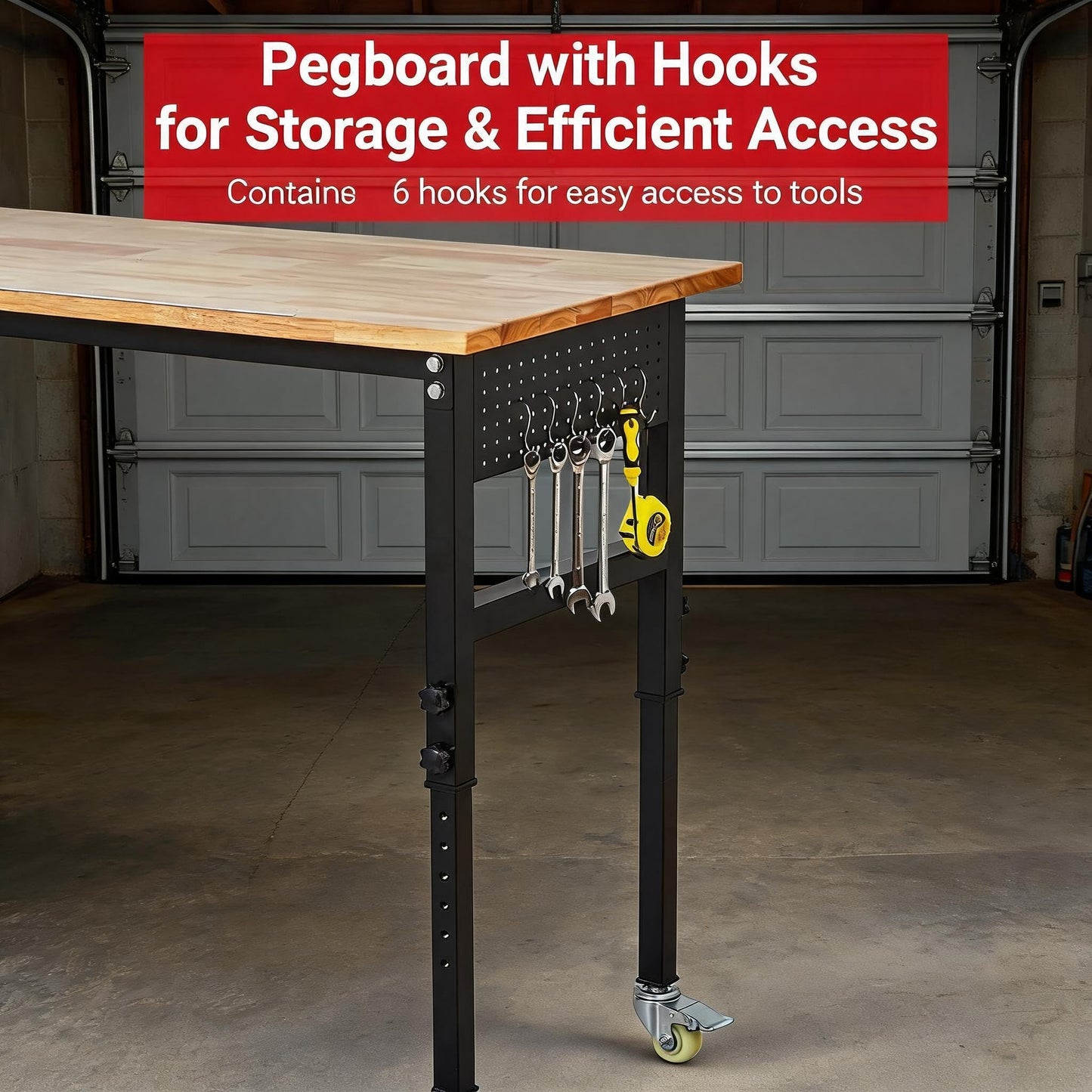 GarveeTech 48" Adjustable Workbench with Power Outlet, 2200 LBS Work Table with Pegboard and 6 Hooks, 8 Adjustable Height Workstation for Garage, Office, Home