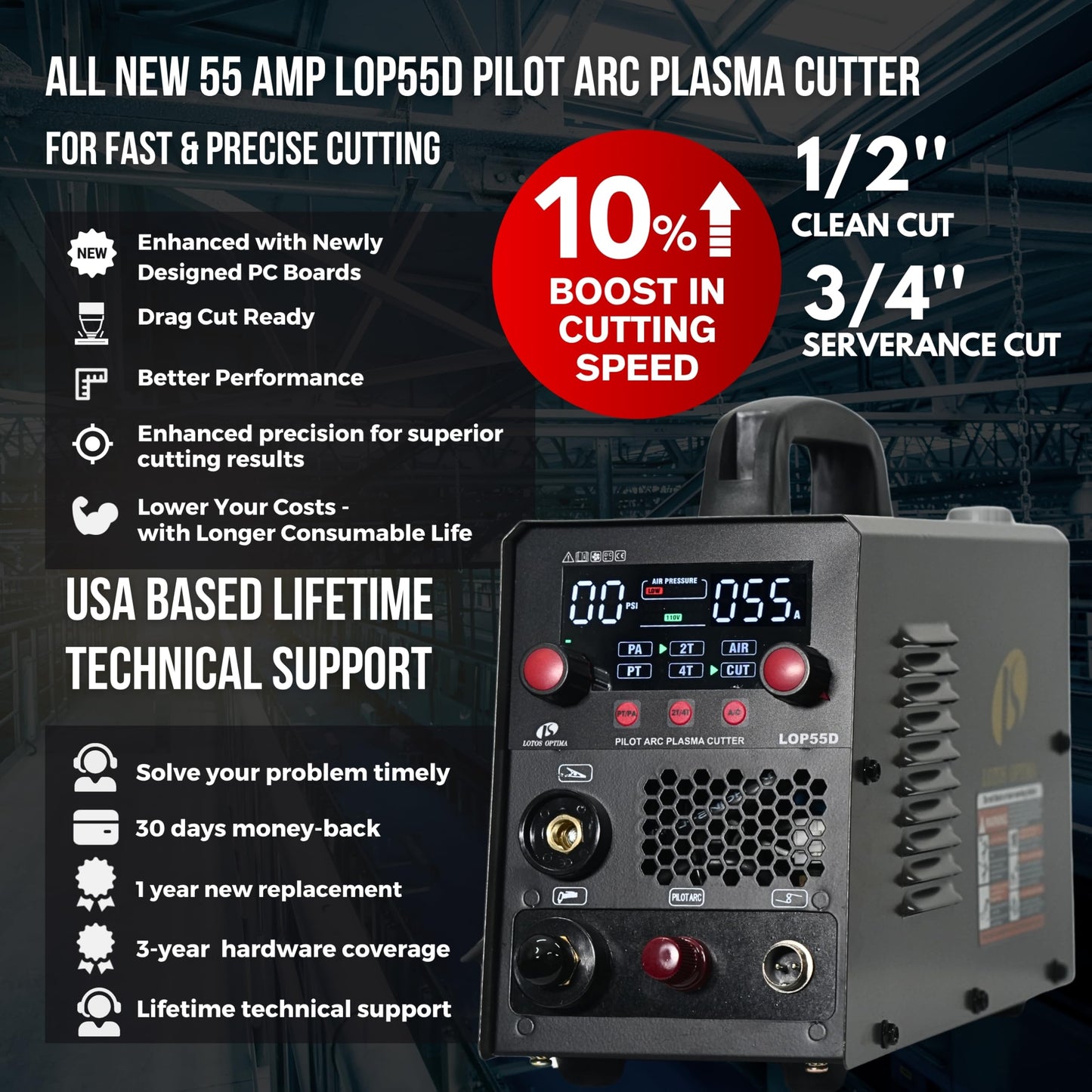 LOTOS LOP55D 55A Plasma Cutter, 1/2" Clean Cut (3/4" Sever), Non-Touch Pilot Arc, Dual-Voltage 110/220V, LED Panel, Portable Air Plasma Cutting Machine for DIY, Auto, Farm, HVAC