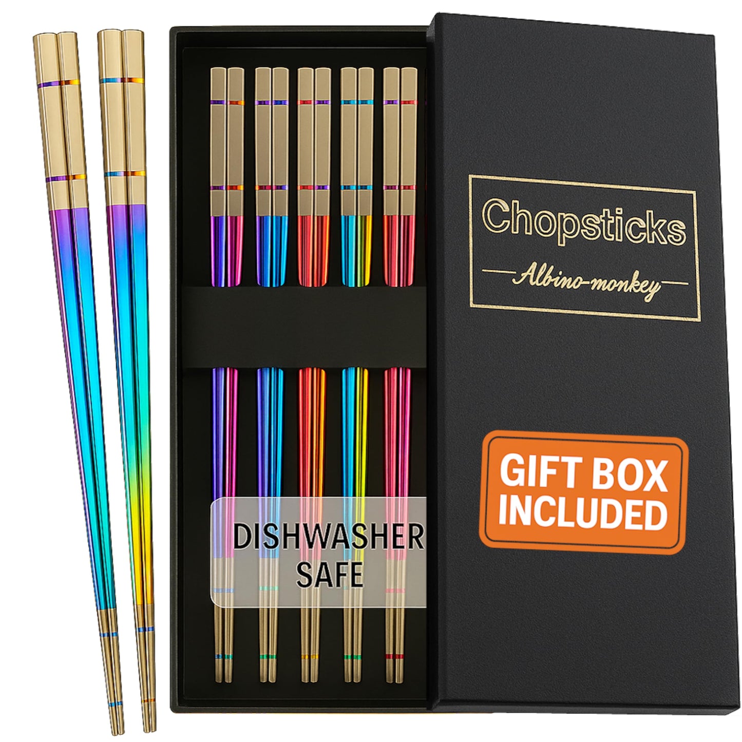 Albino Monkey Reusable Chopsticks - Extra Long 9" - 5 Pairs per Pack - Made of Food-Safe Stainless Steel - Holographic Design - Asian Dining Utensils for Home Kitchen & Restaurants - Nice Giftable Box