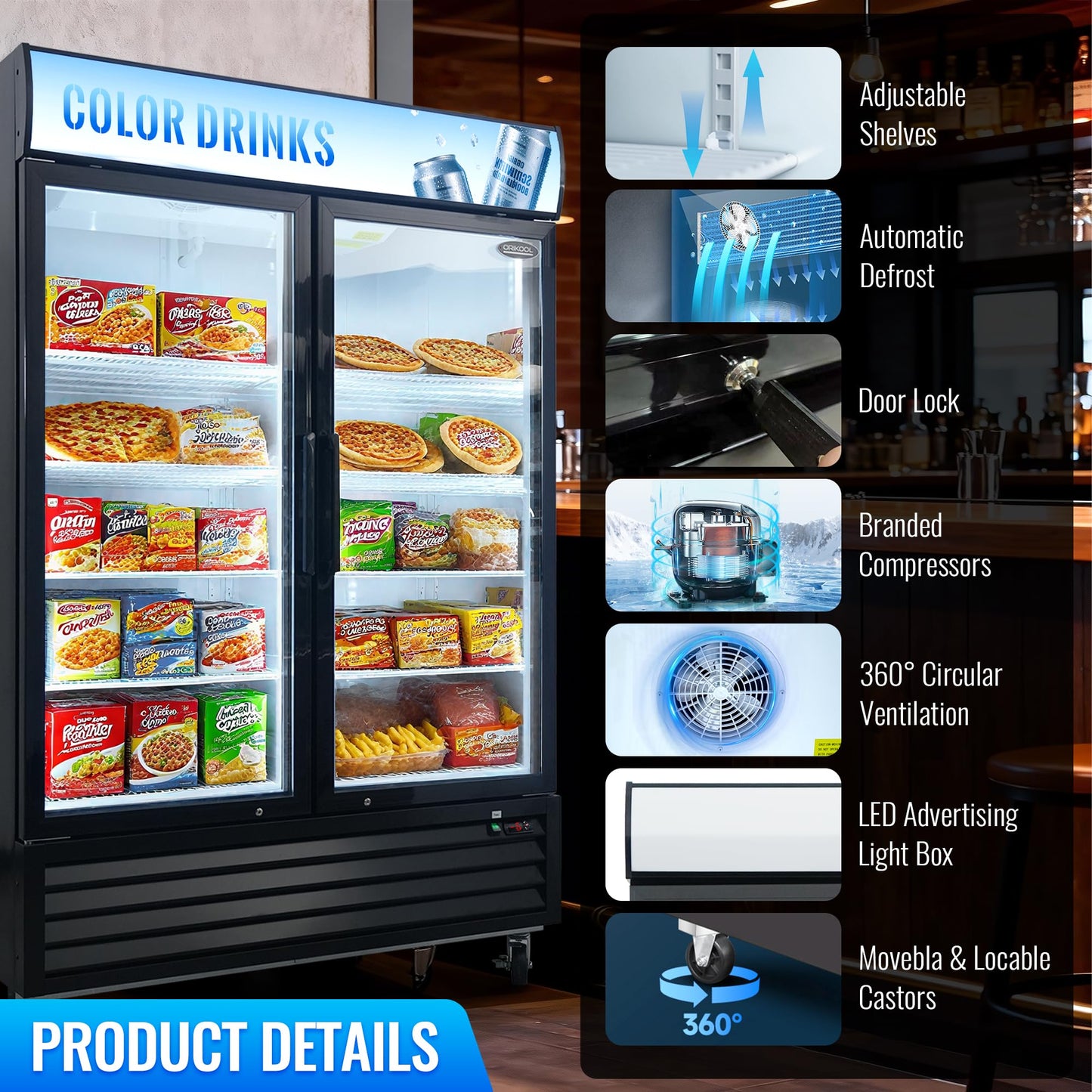 mikibama Glass Door Merchandiser Freezer, 44.7 Cu.ft Swing Door Commercial Reach-In Display Refrigerator with LED Top Panel Upright Freeze Storage, Double Cabinet, Black