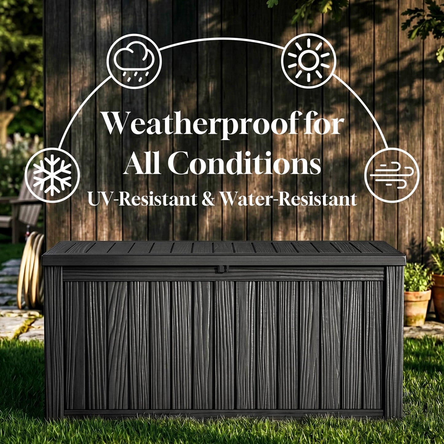 ROJIK 150 Gallon Outdoor Storage Box Waterproof,Weatherproof Deck Boxes Outdoor Lockable,Resin Outside Storage Box for Garden Tools,Cushions,Pool Accessories(Black,150 Gal)