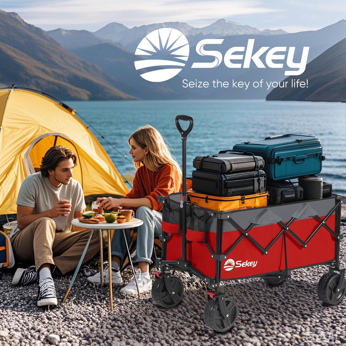 Sekey 220L Wagons Carts Foldable with Big All-Terrian Beach Wheels, Collapsible Heavy DutyWagon with Cup Holders, Extra Large Folding Wagon,Foldable Wagon for Camping, Garden, Sports.Red&Gray