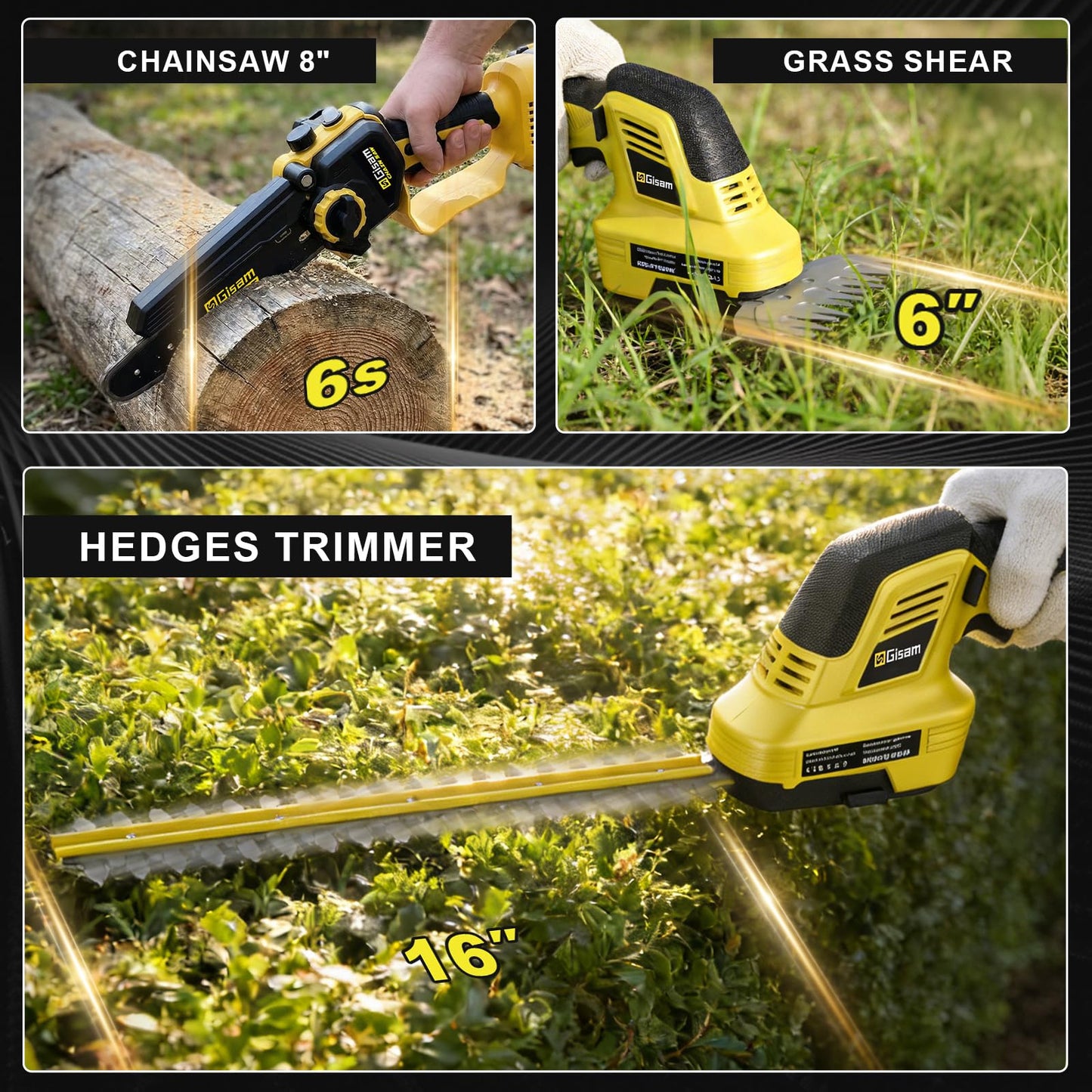 6-IN-1 Cordless Pole Saw & Pole Hedge Trimmer, Dual 4.0Ah Batteries, 8" Brushless Pruning Saw& 16" & 6" Electric Hedge Trimmer Grass Shears, Bush Trimmer, 14.8FT Reach Electric Tree Trimming Kit