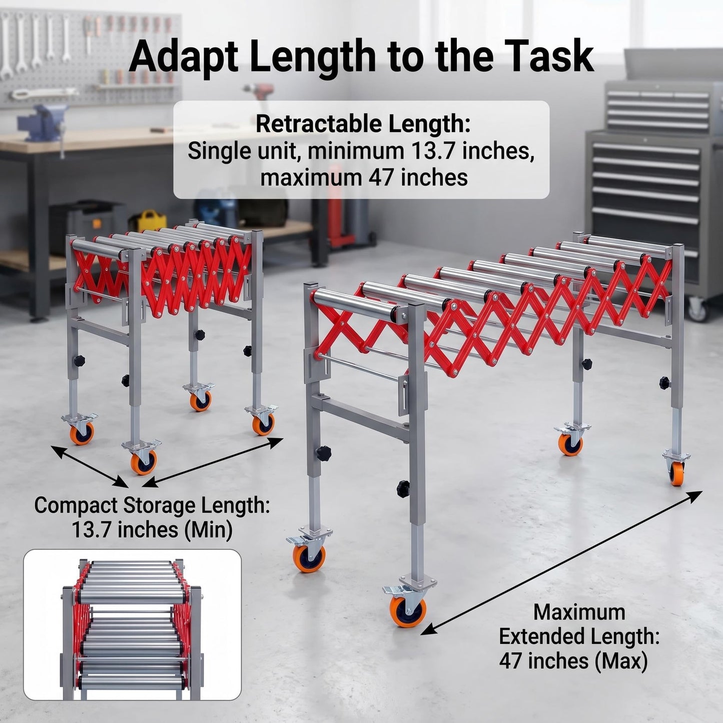 600LBS Adjustable Roller Conveyor Table, 16 Inch Wide Expandable Conveyor System, Height Adjustable 27.5"-43", Mobile Support for Warehouse Operations