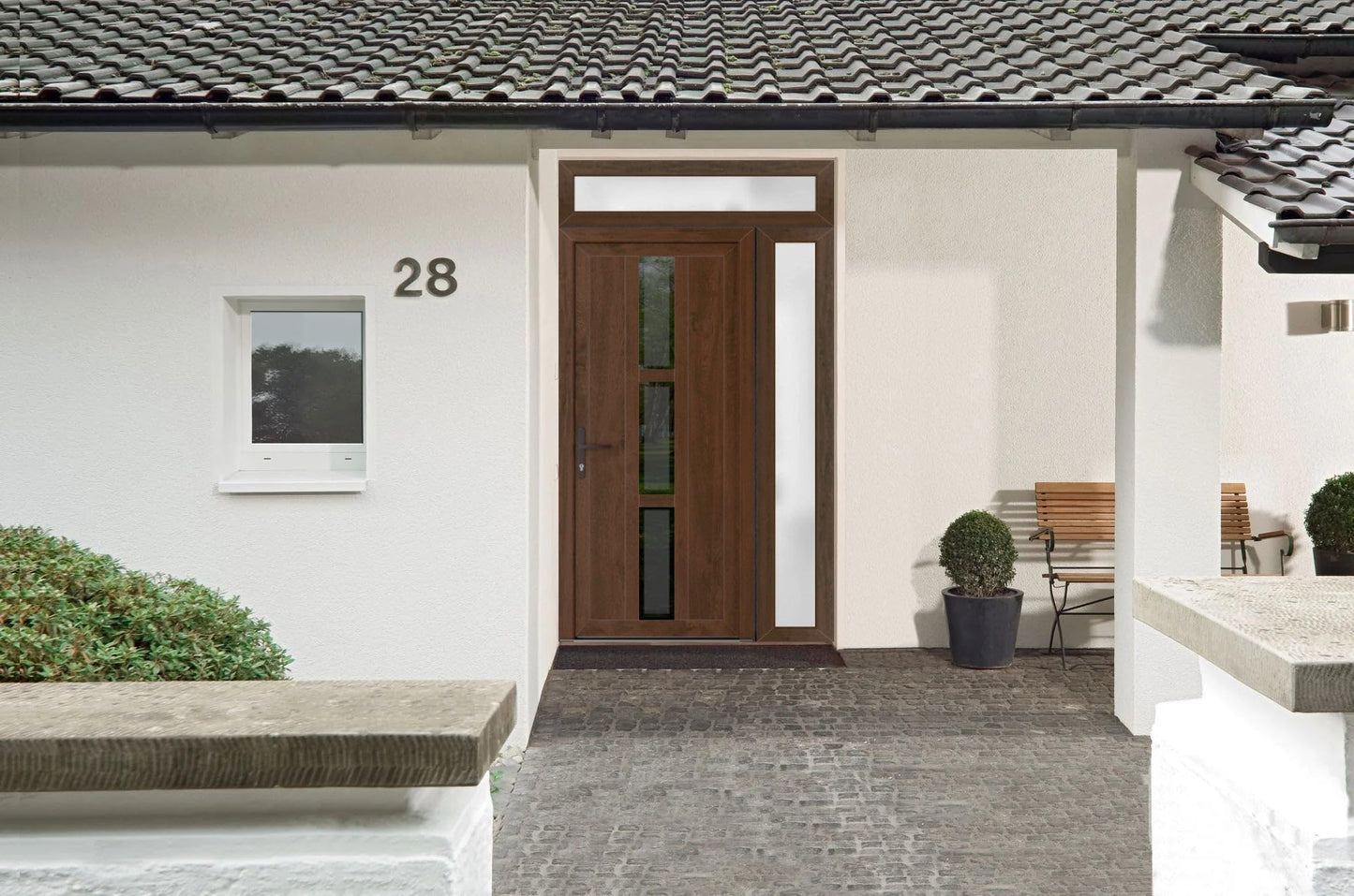 VDOMDOORS Front Exterior Prehung Metal-Plastic Door Frosted Glass | Manux 8112 Walnut | Side, Top Sidelite Transom | Residential Doors Entrance Patio Garage 50 x 94 (W36+14 x H80+14) Right-Inswing