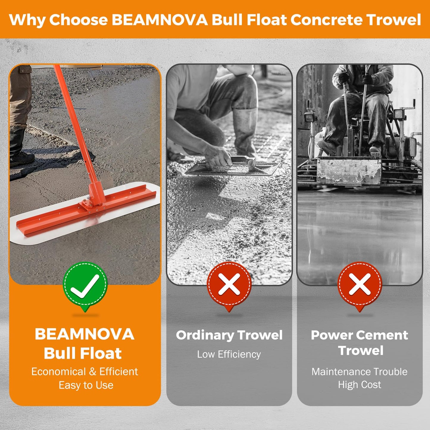 BEAMNOVA Bull Float Concrete Tools with 48 * 12 Inches Stainless Steel Scraper Concrete Trowel 181 in Cement Extension Rod Concrete Finishing Tools Kit