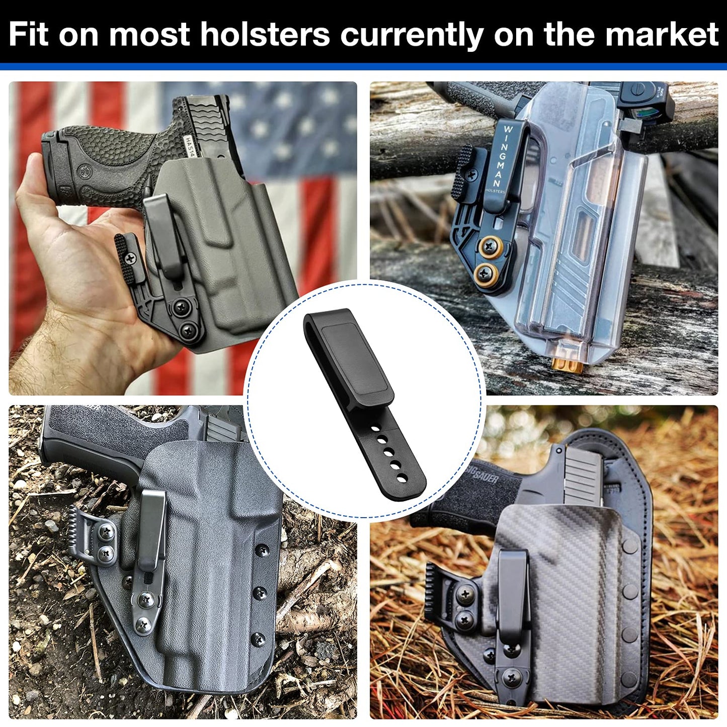 Universal Holster Clip – Fits 1.5" & 1.75" Belts – Tuckable IWB/OWB Belt Clip Hook for Kydex/Leather/Hybrid Holsters & Sheath – 5 Hole Adjustable Mounting – Includes Hardware