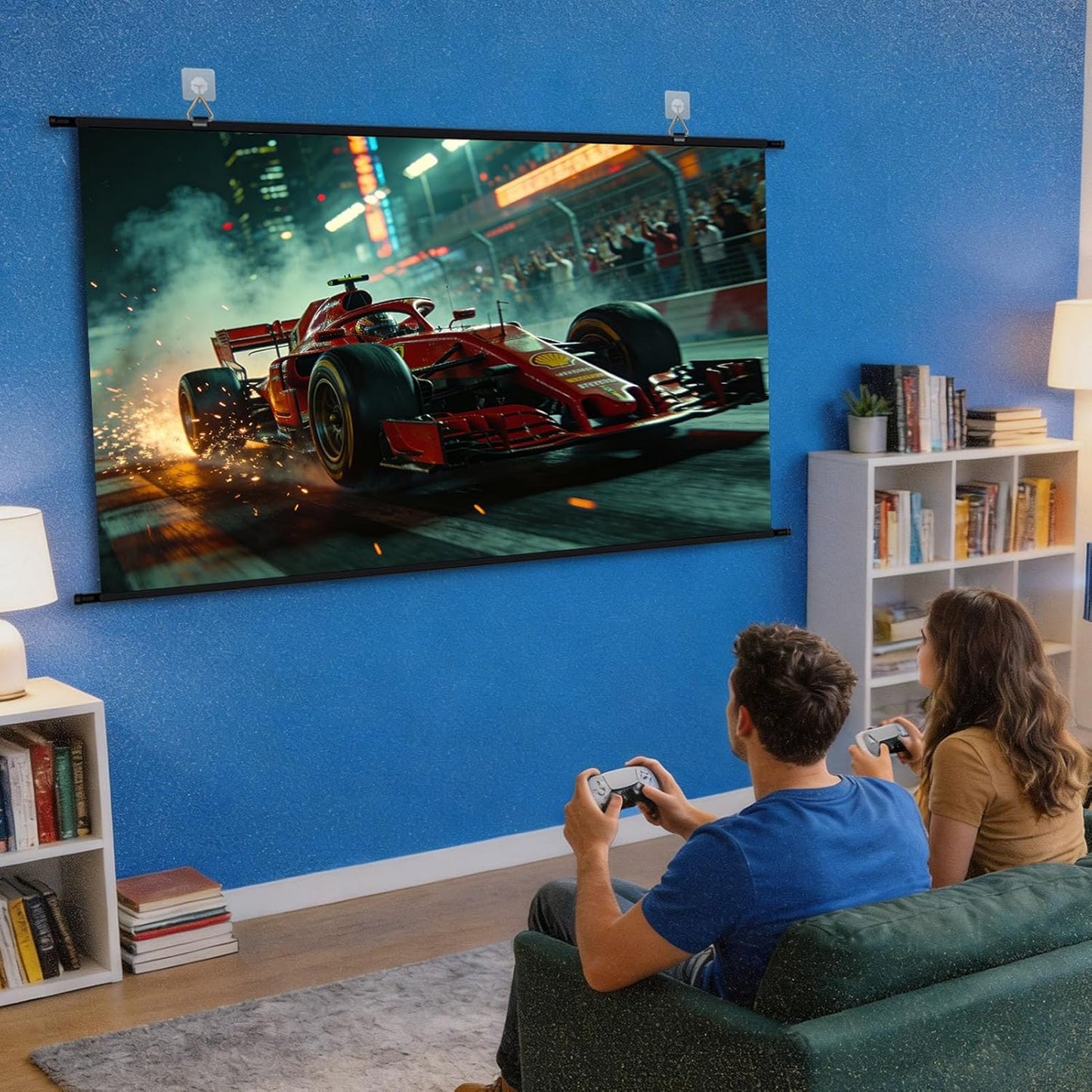 XIAOHUI 110 inch 3 4K 16:9 Projector Screen, Portable Movie Projector Screen for Outdoor Indoor with pcs Adhesive Hook