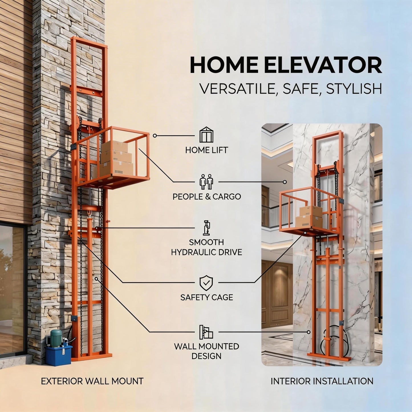 Home Elevator Lift System Dumbwaiter Elevator Home Factory Warehouse Wall Mounted Freight Elevator, 9.8 Ft Electric Hydraulic Lift Platform Table 2200lbs