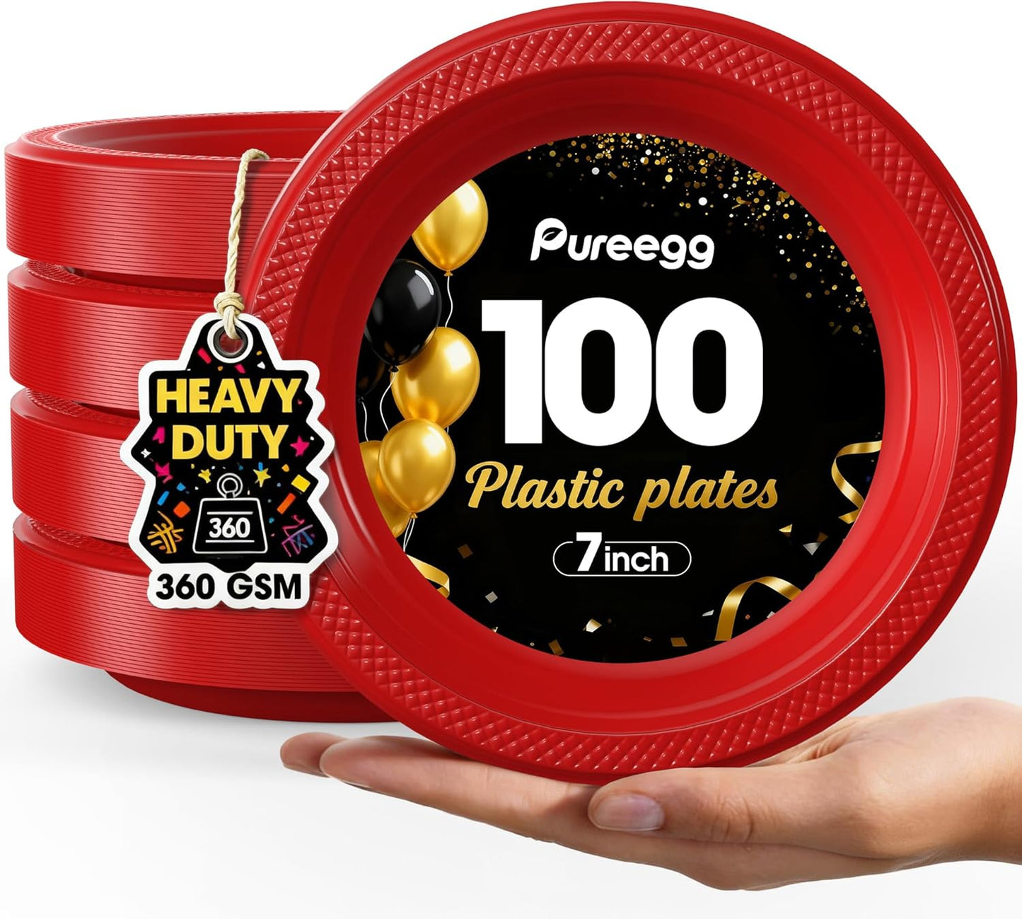 Pureegg 7-Inch Red Plastic Dessert Plates - 100-Count, BPA-Free Disposable Party Plates for BBQ & Picnics