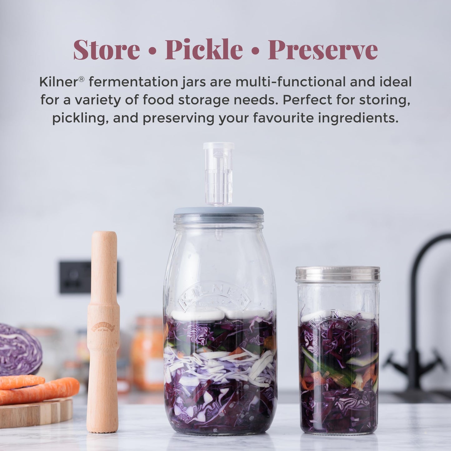 Kilner Fermentation Packer Beech Wood Tool for Preparing Sauerkraut & Kimchi, Textured Mashing Head for 3L & 5L Fermentation Sets with Wide Mouth Jars