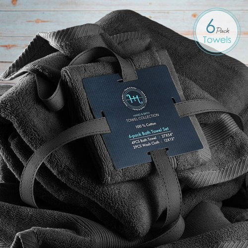 Hearth & Harbor Bath Towels - Luxurious 100% Ring Spun Cotton Set of 6 - Ultra Soft & Highly Absorbent | Black