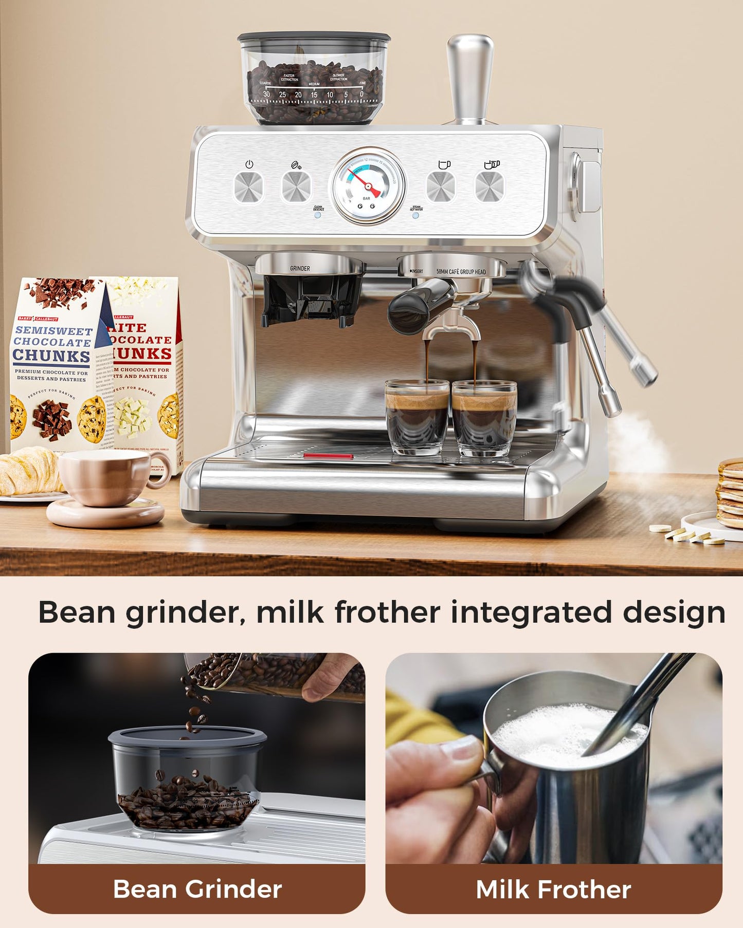 COWSAR Dual Boiler Espresso Machine with Grinder, Commercial Expresso Coffee Machines,Use Milk Frother and Brew Coffee Machine Simultaneously, Coffee Maker Cappuccino Latte, 95oz Water Tank