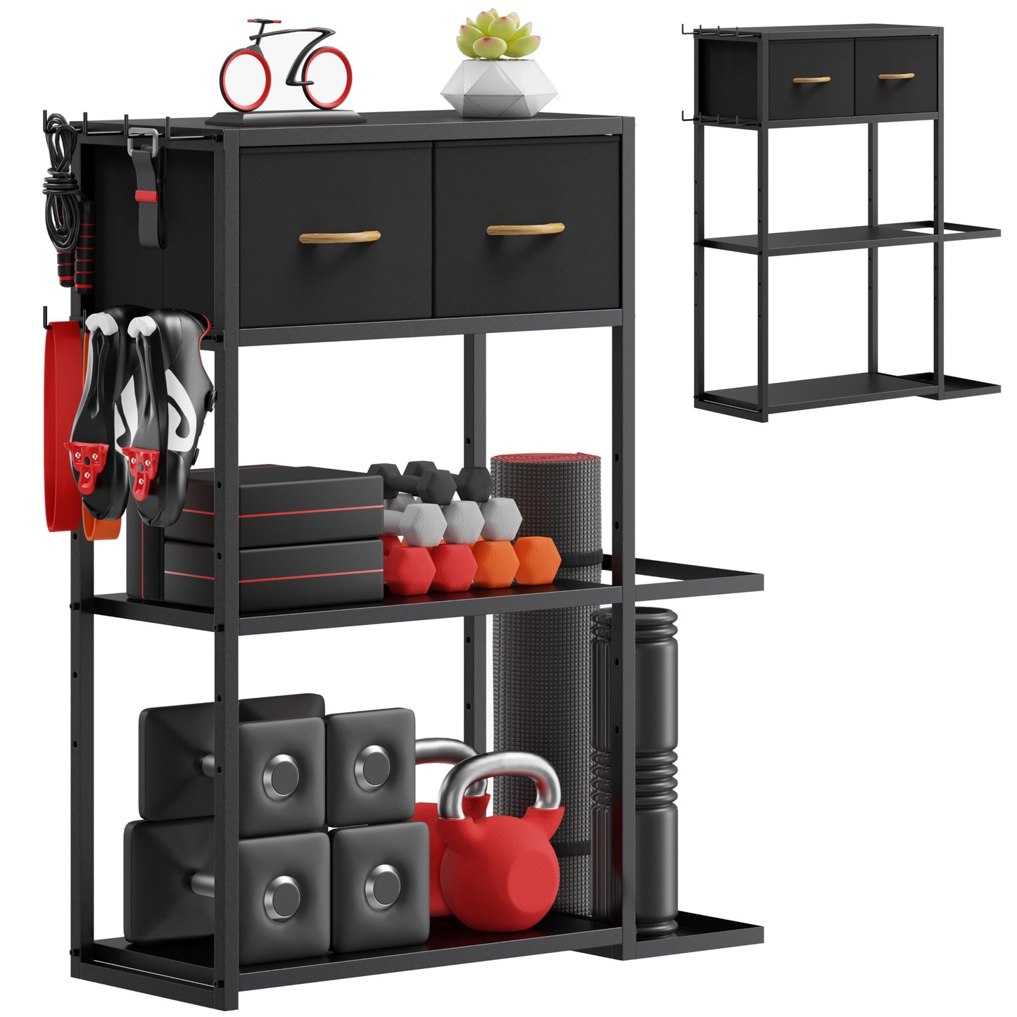 Crostice Home Gym Storage Shelf Stand Only, Adjustable Weight Rack for Dumbbells Plus Extra Upper Drawer, for Weight, Mat and Workout Equipment, Large Capacity Gym Organizer with 4-Tier, Easy-assembly