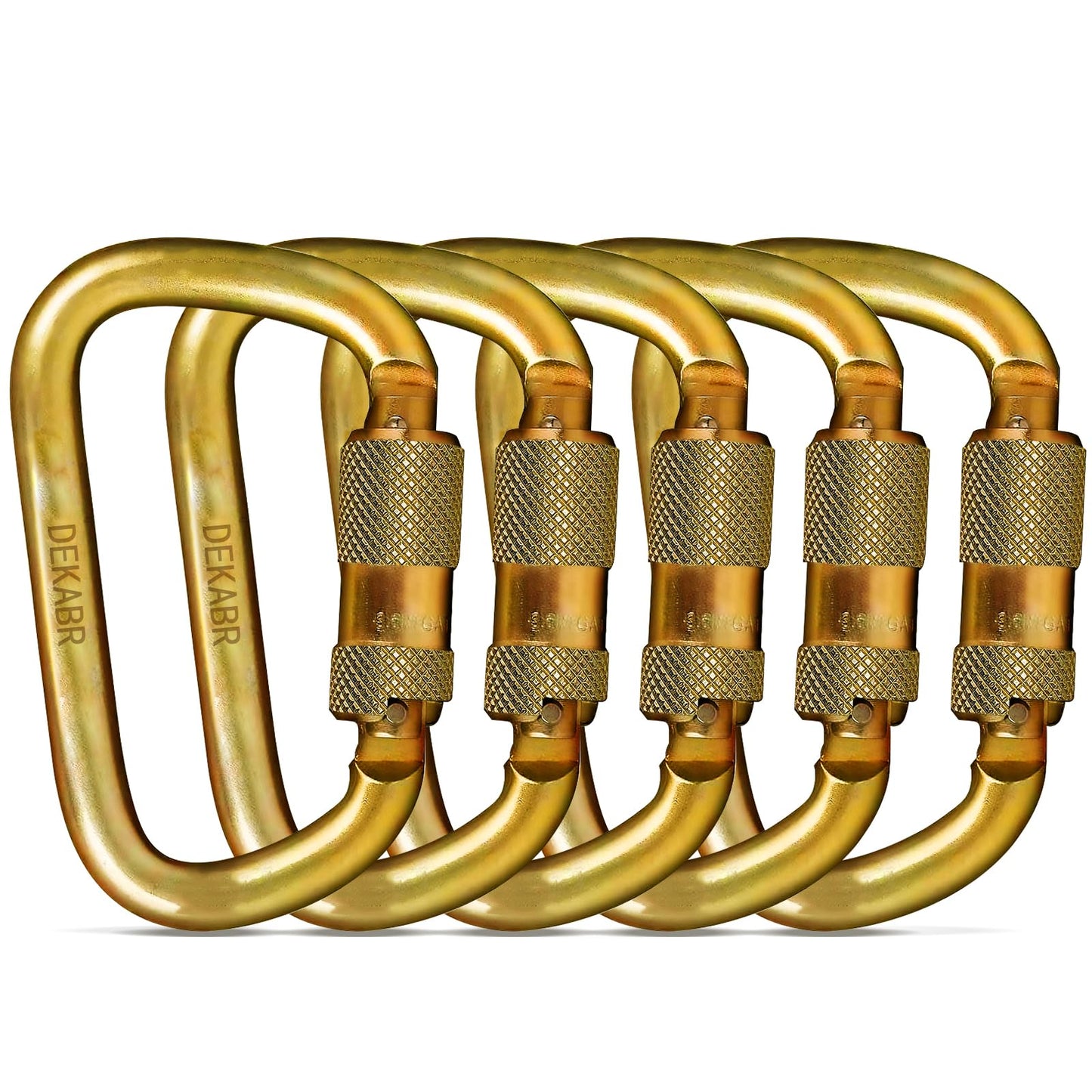 DEKABR Heavy Duty Alloy Steel Auto-Locking Climbing Carabiner - 45KN Twist Lock Carabiner for Rock and Tree Climbing, Quick Release, Rescue, and Mountaineering. ANAB Certified, Large, Gold (5 Pack)