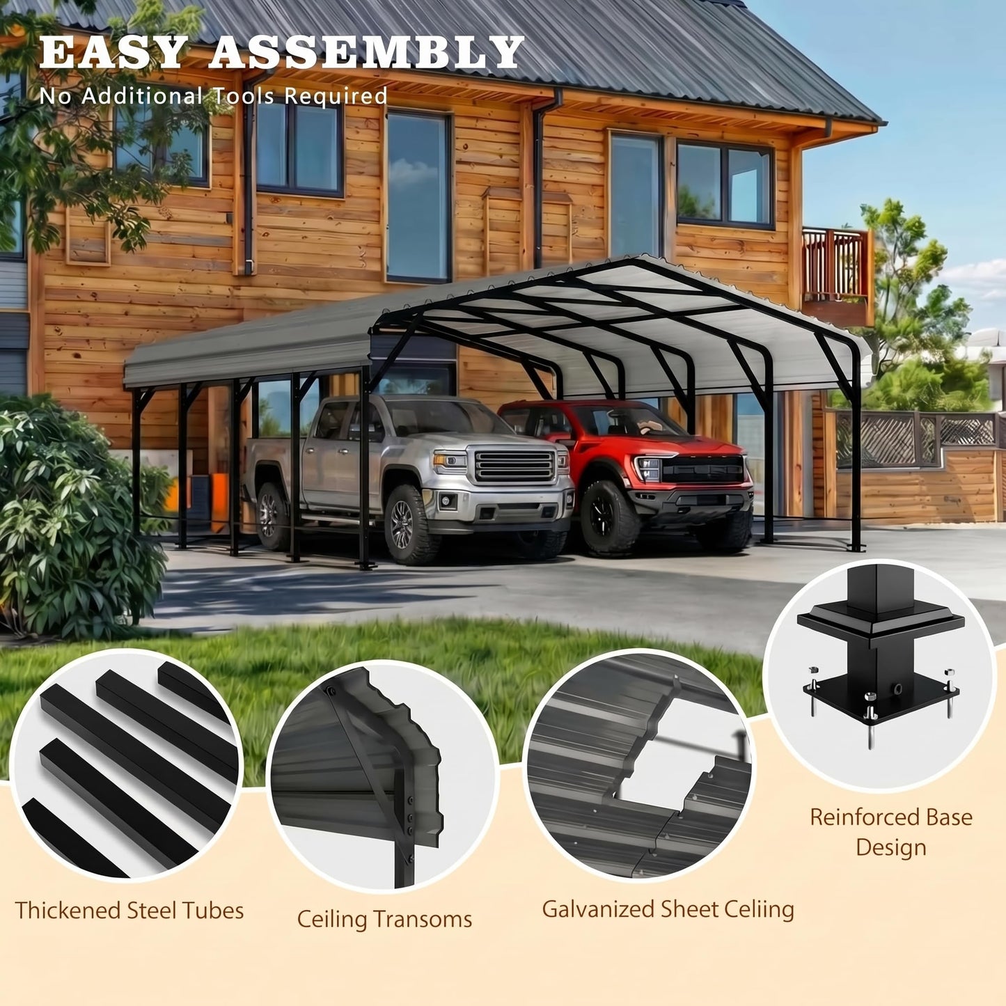 12x20 FT Heavy Duty Metal Carport, All-Weather Outdoor Vehicle Shelter with Steel Roof & Reinforced Frame, Permanent Car Canopy for Trucks, SUVs, Boats & Garden Storage, Gray