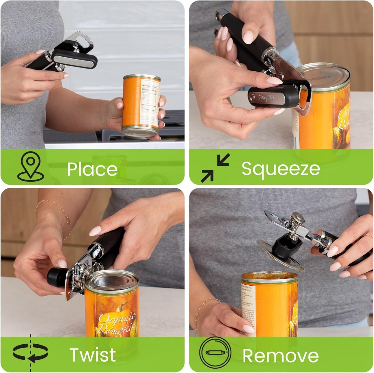 Spring Chef Stainless Steel Can Opener - Heavy Duty Manual with Soft Grip Handles & Magnetic Lid Remover - Black