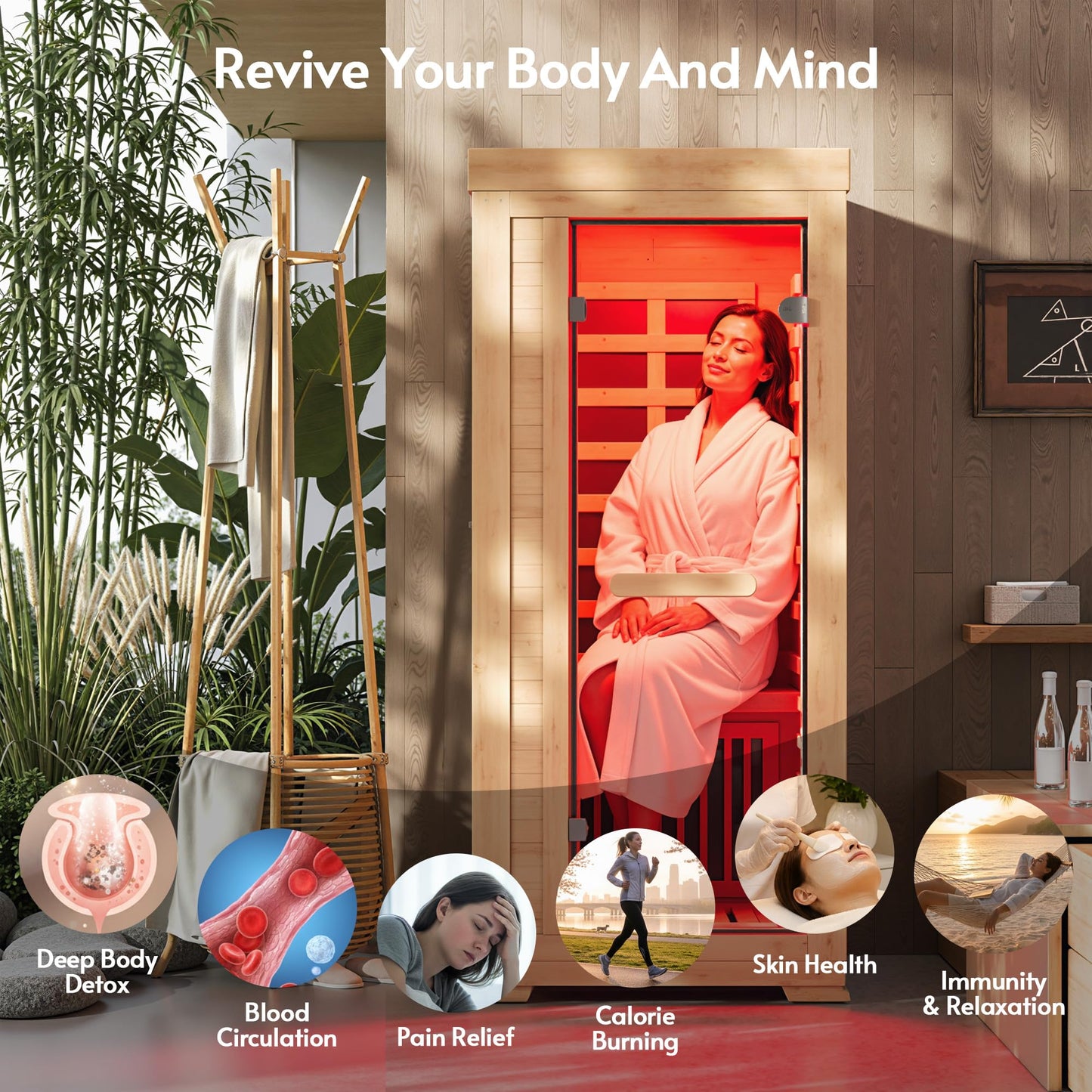 ENSTVER Infrared Wood Sauna 5.4Ft 1 Person, Luxury Full Spectrum Far Infrared Sauna Features Low EMF 1240w 7-Light Dynamic & Music Speakers, Canadian Hemlock Dry Indoor Saunas for Home & Gym