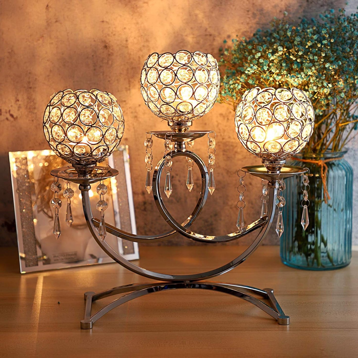 OwnMy Crystal Candle Holders - Elegant 3-Arms Tealight Candelabra for Weddings & Home Decor | Silver