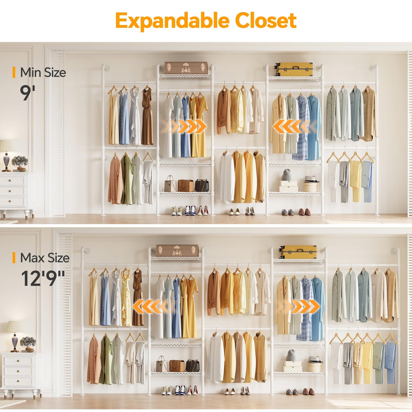 Higeego W5 Wall Mounted Expandable Clothes Rack, 9-12 ft Wide Adjustable Clothing Rack with Extended Rod Closet Organizer System Industrial Pipe Garment Rack for Reach in Closet 1300LB Capacity, White